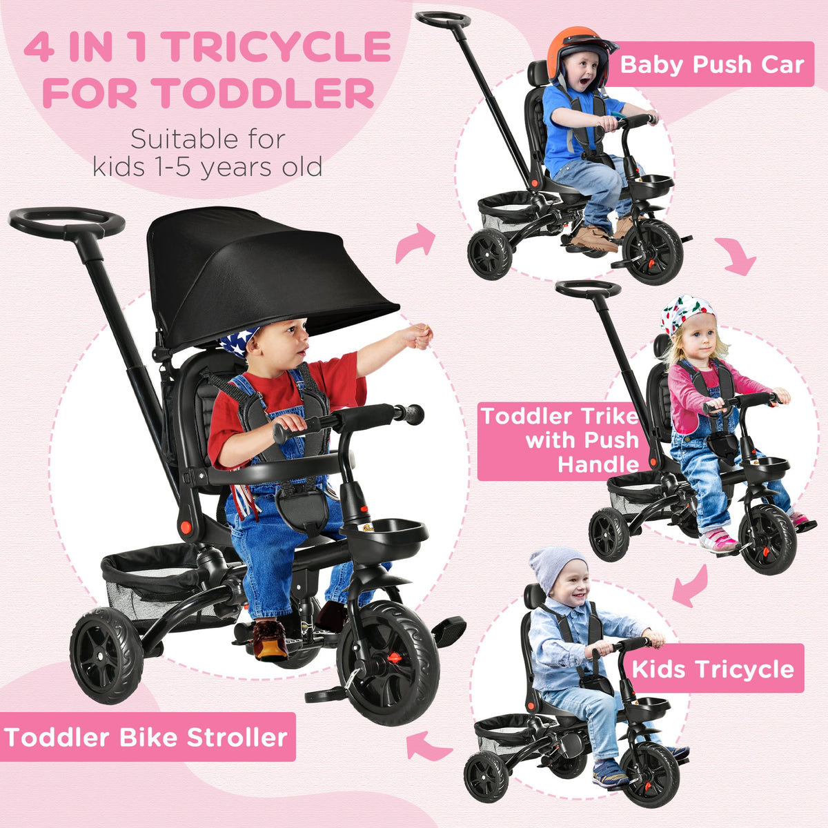 Kids Tricycle, 5 in 1 Foldable Trike with Reversible Seat, Adjustable Parent Handle, Safety Harness, Wheel Brakes, Black