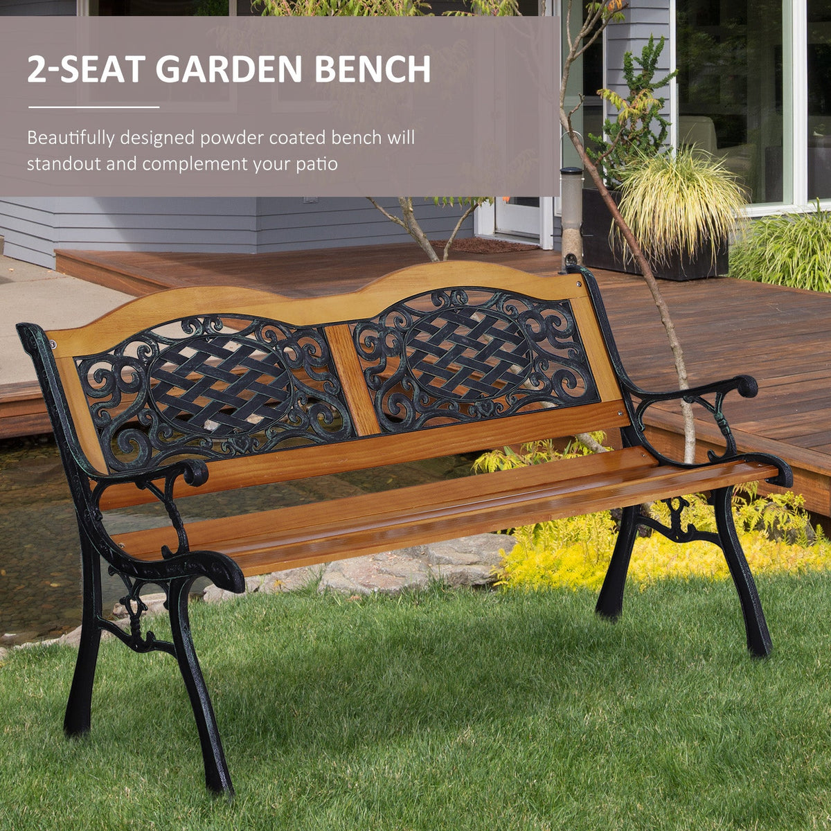 50" Outdoor Garden Bench, Park Patio Bench Loveseat, Wood & Metal Frame with Plastic Flourish Backrest, Natural Wood