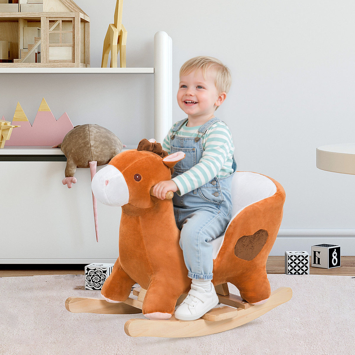 Kids Ride On Rocking Horse, Plush Animal Toy Sturdy Wooden Rocker with Songs for Boys or Girls