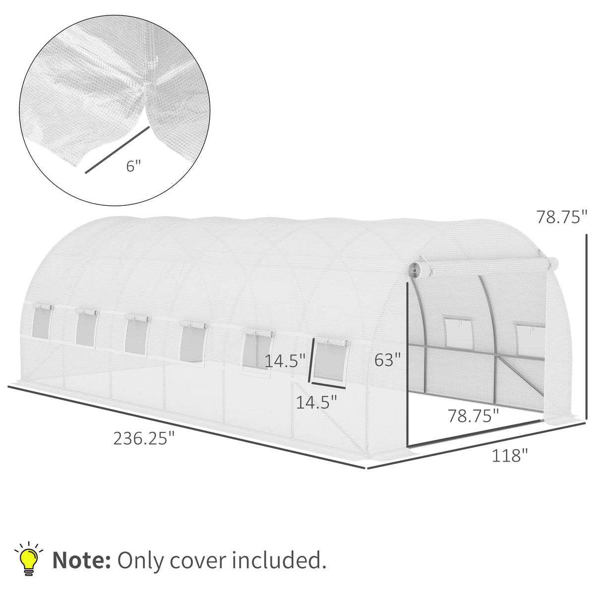 19.7' x 9.8' x 6.6' Plastic Greenhouse Cover Replacement, Heavy Duty Waterproof Tarp for Hoop House, Sheeting with 12 Windows, Door & Reinforcement Grid, White