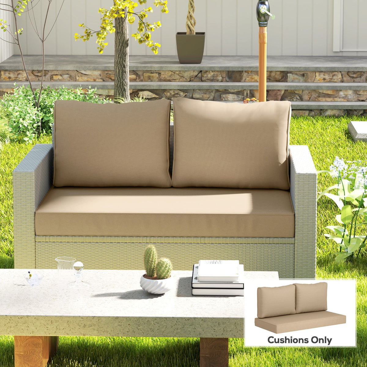 2 Seat Patio Furniture Cushions, 46x26x5 in, Thick Outdoor Loveseat Cushion Set with Removable Cover, Fade-Resistant Replacement Cushions for Outdoor Furniture, Couch, Bench, Swing, Beige