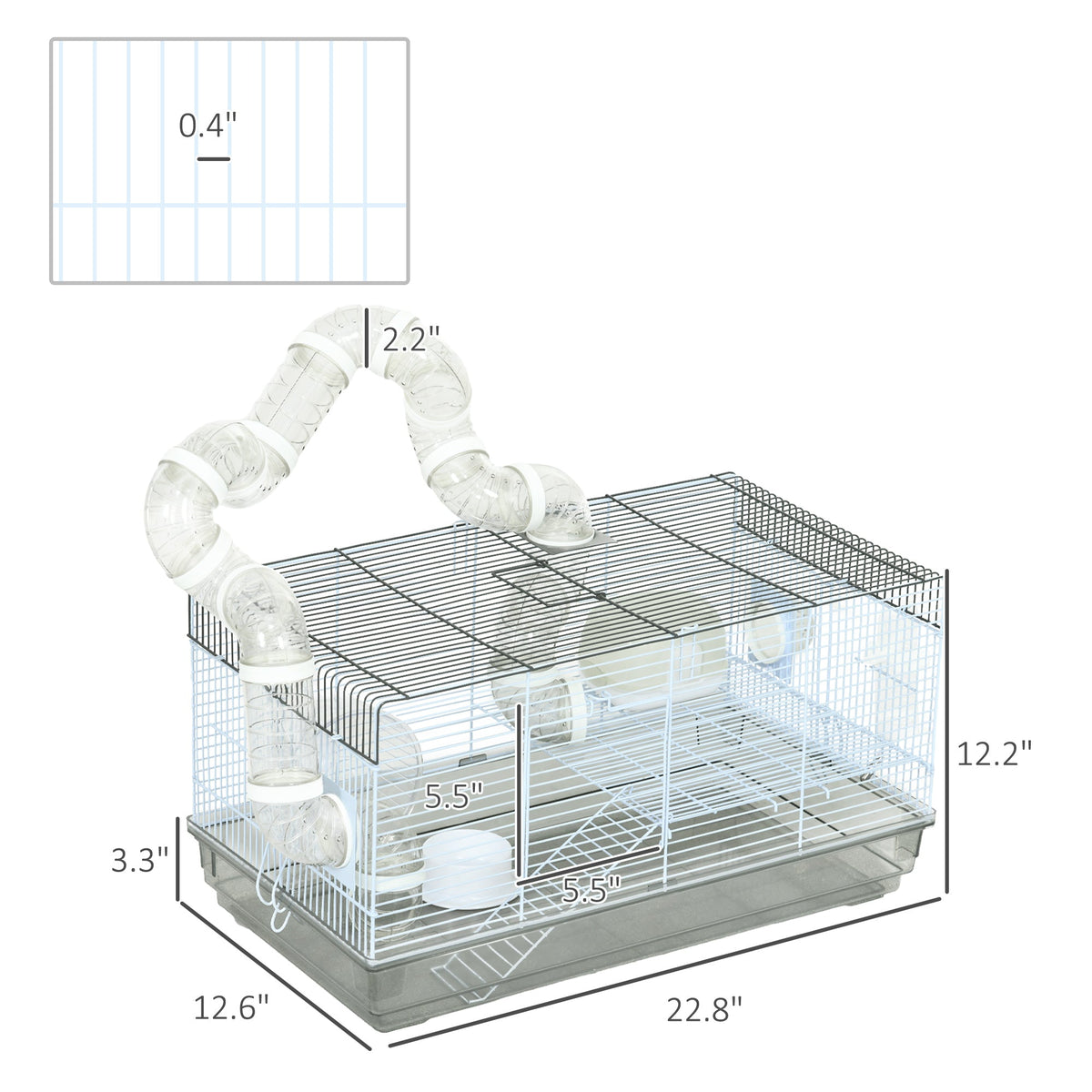 Small Animal Cage for Gerbil or Dwarf Hamster w/ Tubes, Exercise Wheel, Food Dish, Water Bottle, 23" x 13" x 12", Gray