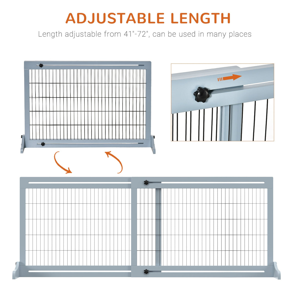 71" W x 27.25" H Extra Wide Freestanding Pet Gate with Adjustable Length Dog, Cat, Barrier for House, Doorway, Hallway, Blue-Gray