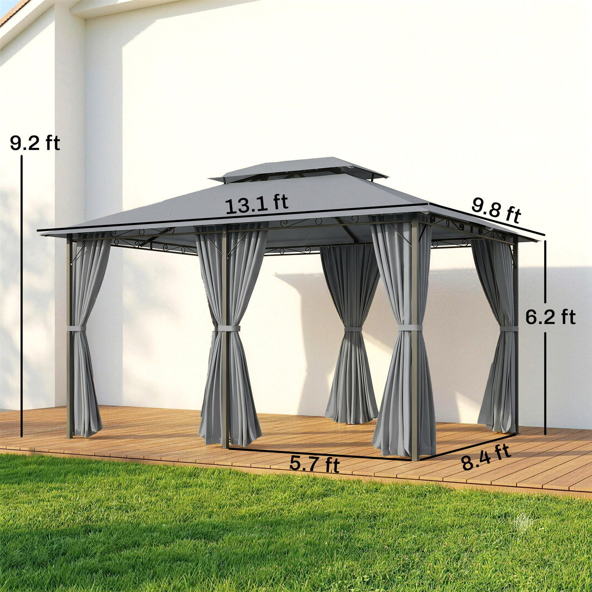 10' x 13' Outdoor Soft Top Gazebo Pergola with Curtains, 2-Tier Steel Frame Gazebo for Patio, Sage Gray
