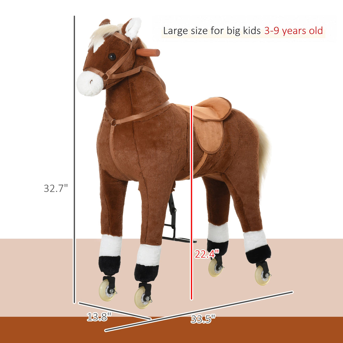 Kids Ride-on Walking Horse with Easy Rolling Wheels, Soft Huggable Body, & a Large Size for Kids 3-9 Years