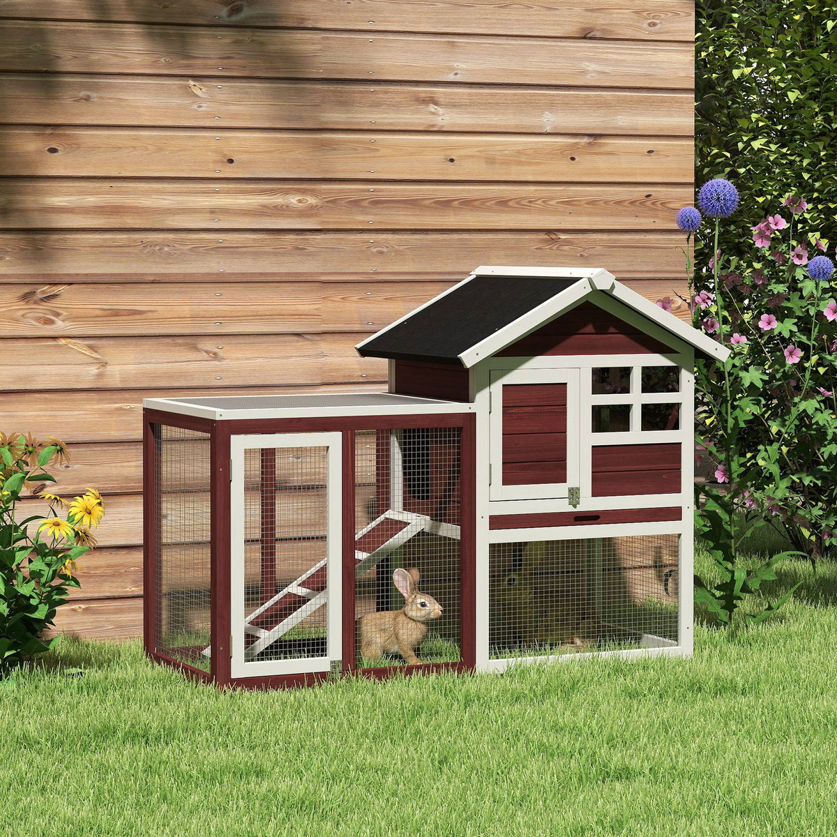 49" Wooden Rabbit Hutch Bunny Cage with Waterproof Asphalt Roof, Fun Outdoor Run, Removable Tray and Ramp, Brown