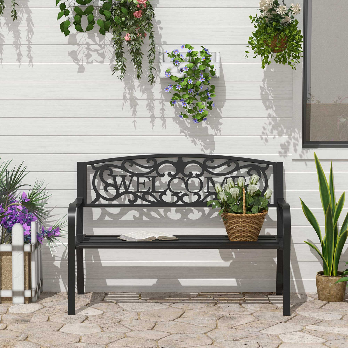 50" 2-Person Garden Bench Loveseat with Cast Iron Decorative Welcome Vines, Outdoor Patio Bench for Backyard, Porch, Entryway