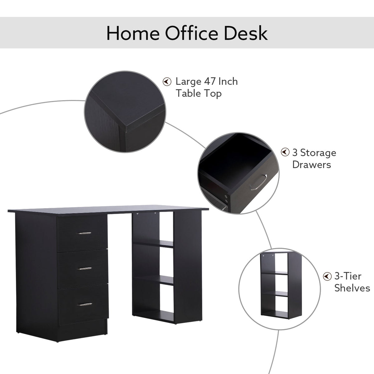 47" Home Office Computer Desk Bookcase Combo, Writing Table Workstation with 3 Drawer and Storage Shelf - Black