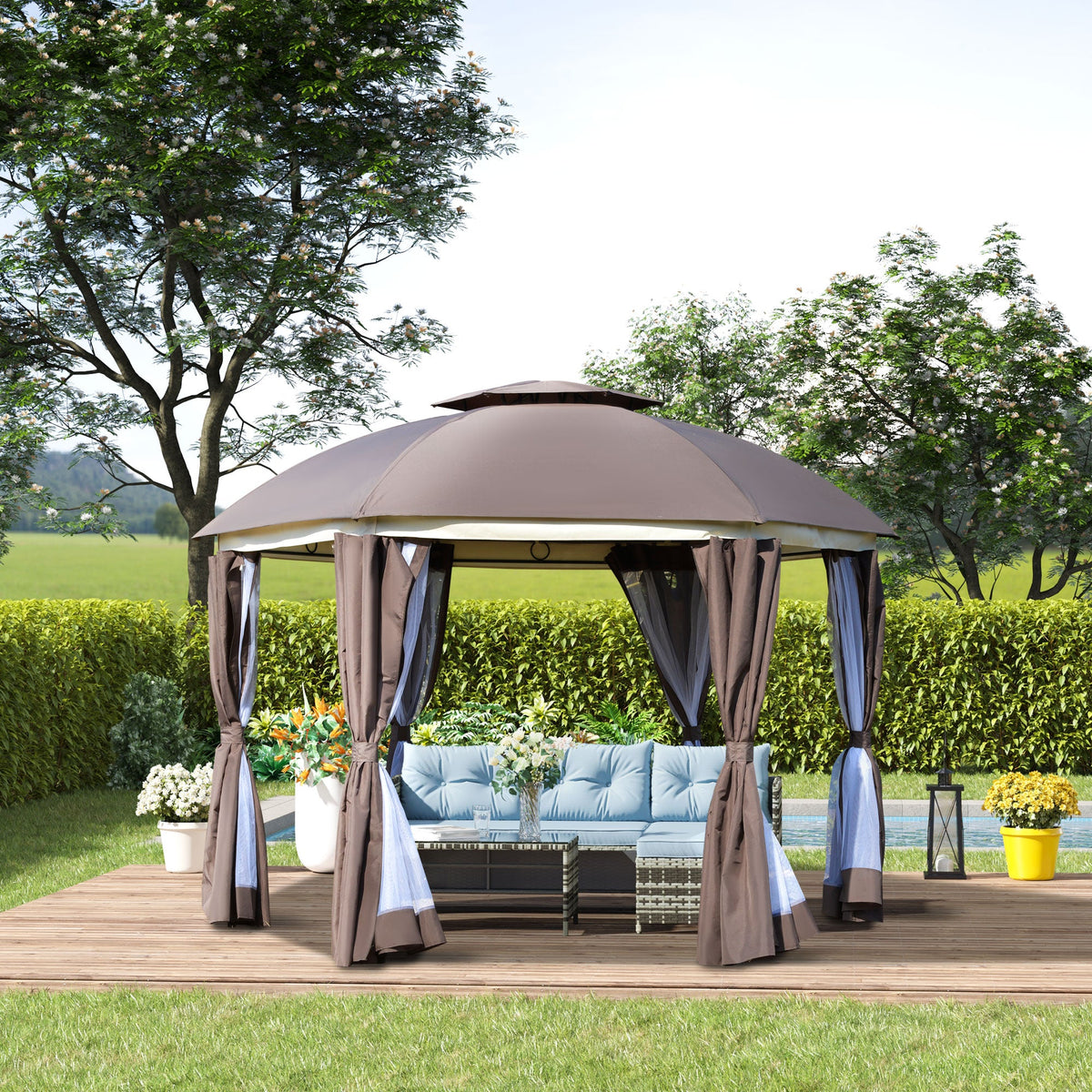 12' x 12' Round Outdoor Gazebo, Patio Dome Gazebo Canopy Shelter with Double Roof, Netting Sidewalls and Curtains, Zippered Doors, Strong Steel Frame, Brown