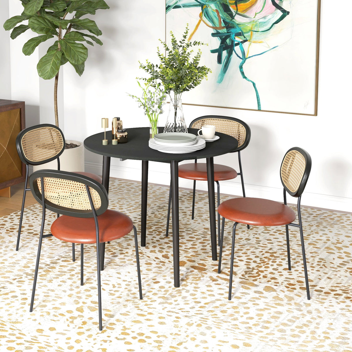 Folding Dining Table, Round Drop Leaf Kitchen Table for Small Spaces with Wood Legs, Black