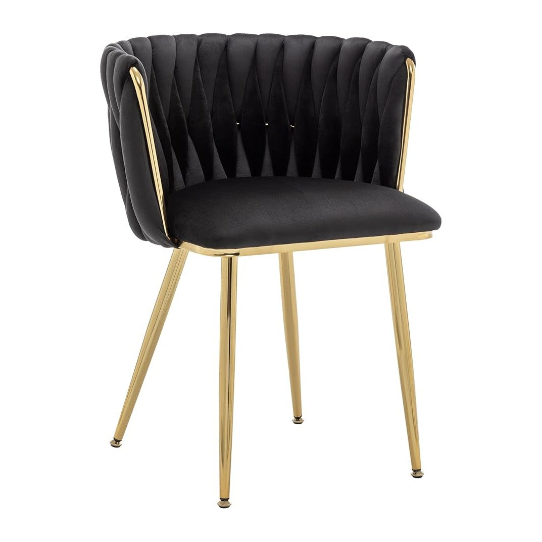 Kiztir Black Velvet Dining Chairs Set of 2, Upholstered Dining Room Chairs with Gold Metal Legs, Modern Dining Chairs with Woven Back for Living Room, Bedroom, Kitchen