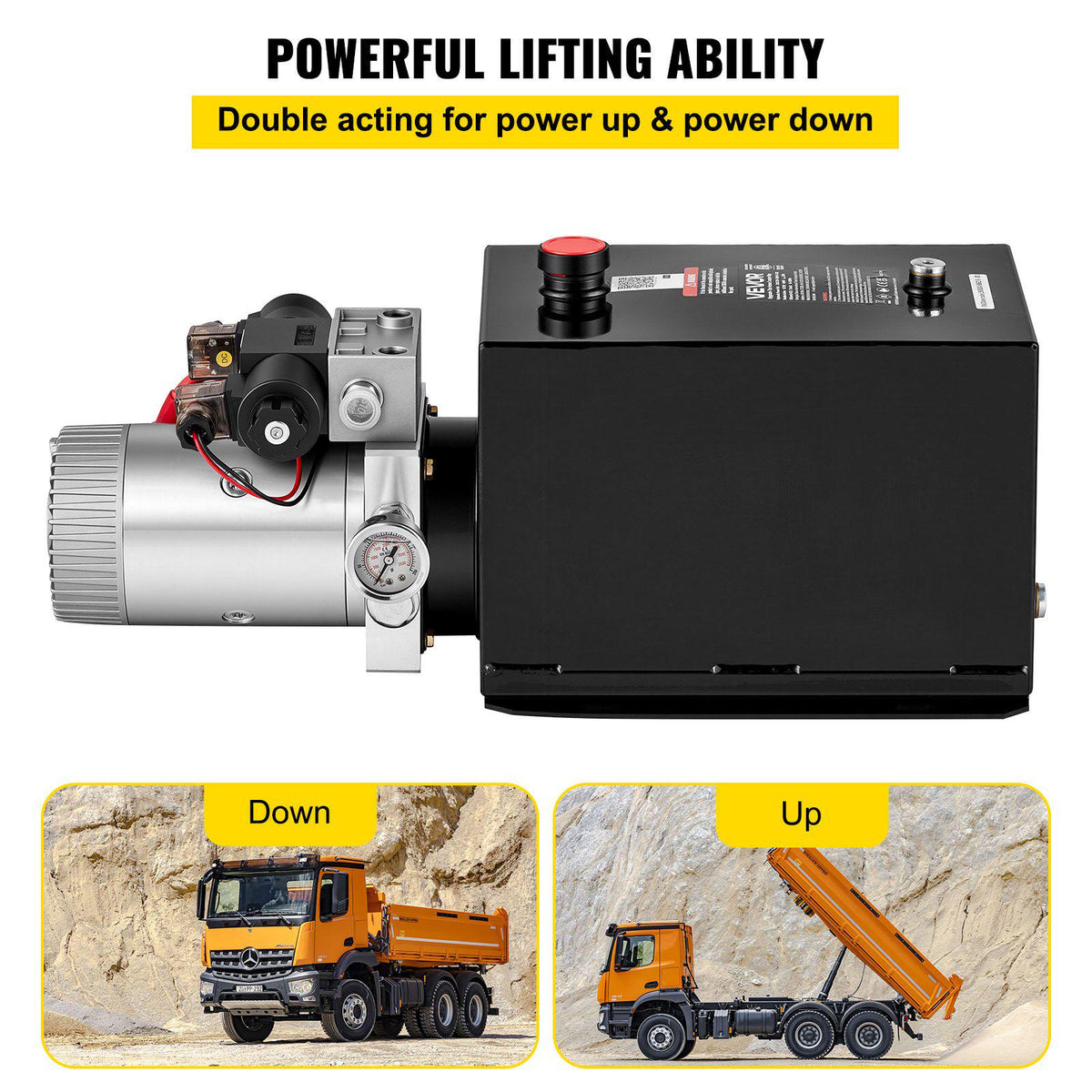 12 Quart Hydraulic Pump, DC12V 1.6KW Double Acting Dump Trailer Pump, 3200 PSI Max Relief Pressure, 0.91 GPM Flow Rate, with Pressure Gauge for Dump Trailer Car Lifting (Horizontal Installation)
