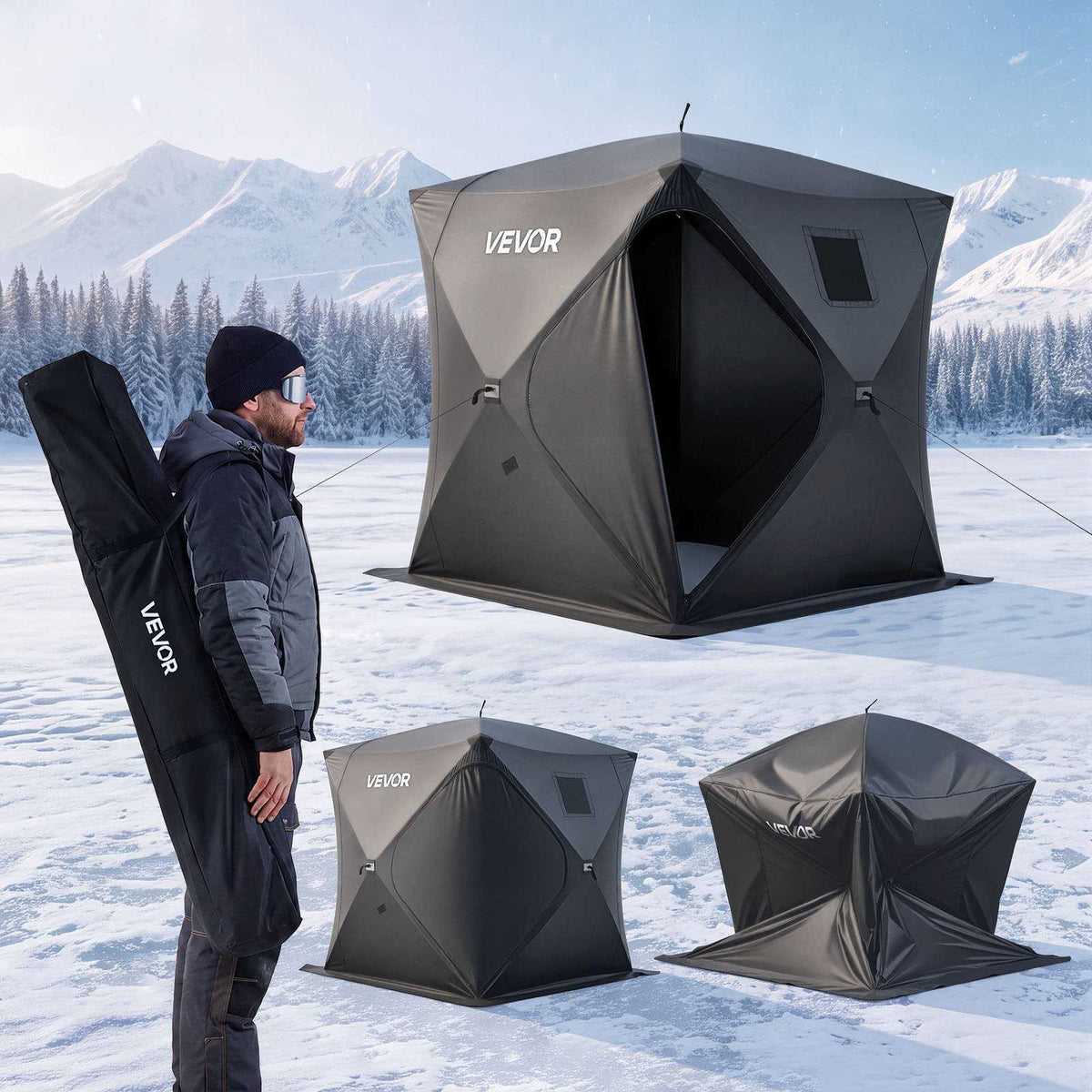 Pop Up Ice Fishing Tent 3-4 Person 90 x 90 x 77 in Portable Shelter, for Winter Fishing, 58 sq ft Area, 300D Oxford Fabric Hub-Style Shanty, Ice Cube with Anchors, Ropes, Carrying Bag, Black