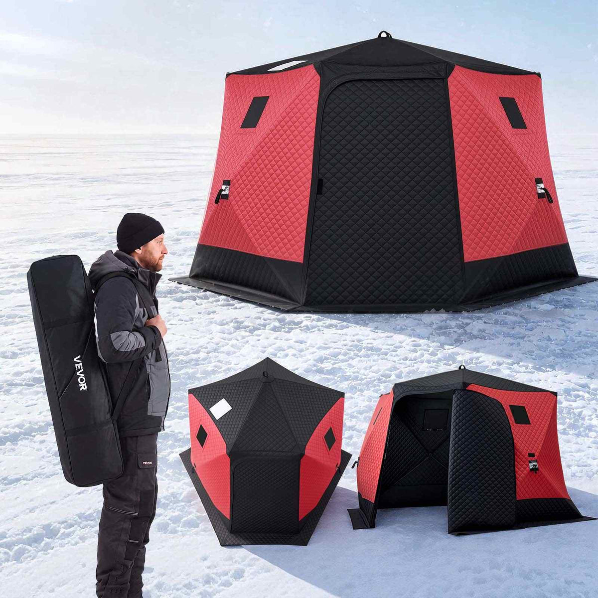 Pop Up Ice Fishing Tent 6-8 Person 130x130x79 in Insulated Shelter, for Winter Fishing, 73 sq ft Area, 600D 4-Layer Fabric, Portable Hub-Style Shanty Cube with Anchors, Ropes, Carry Bag, Red