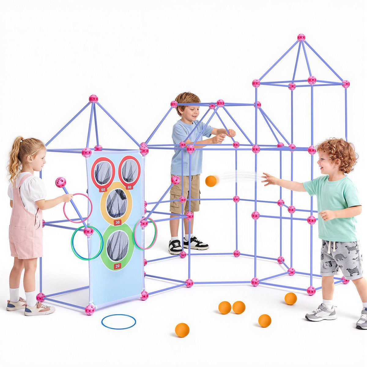 Fort Building Kit for Kids, 225 PCS Creative STEM Construction Toys, for 4 5 6 7 8+ Year Old Boys Girls, Upgraded Balls, Ring & Ball Toss, Educational Activity, Indoor Outdoor Play, Storage Bag