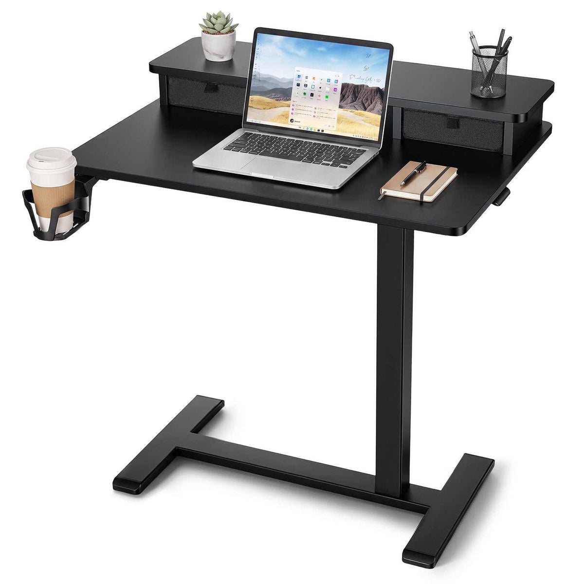 Overbed Table 27.6"W x 19.7"D Mobile Bedside Table with Hidden Wheels, for Home Office Bed Couch, Height Adjustable Rolling Laptop Desk, Standing Cart with 2-Layer Top, Drawer, Cup Holder, Black