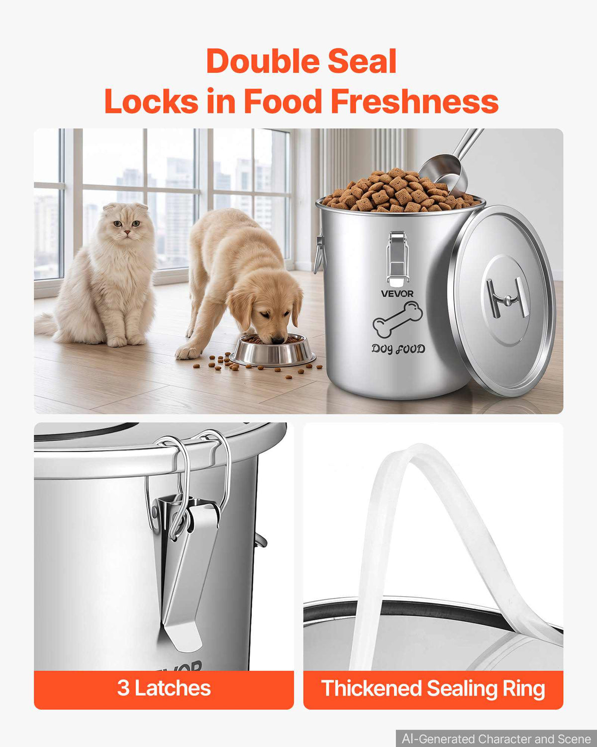 Stainless Steel Dog Food Storage Container 17 lbs/5.28 Gal Capacity, for Living Room Kitchen, Airtight Lid & Dual Handles, 20L Large Metal for Dogs & Cats Food Rice Flour, Keep Fresh, Easy Clean