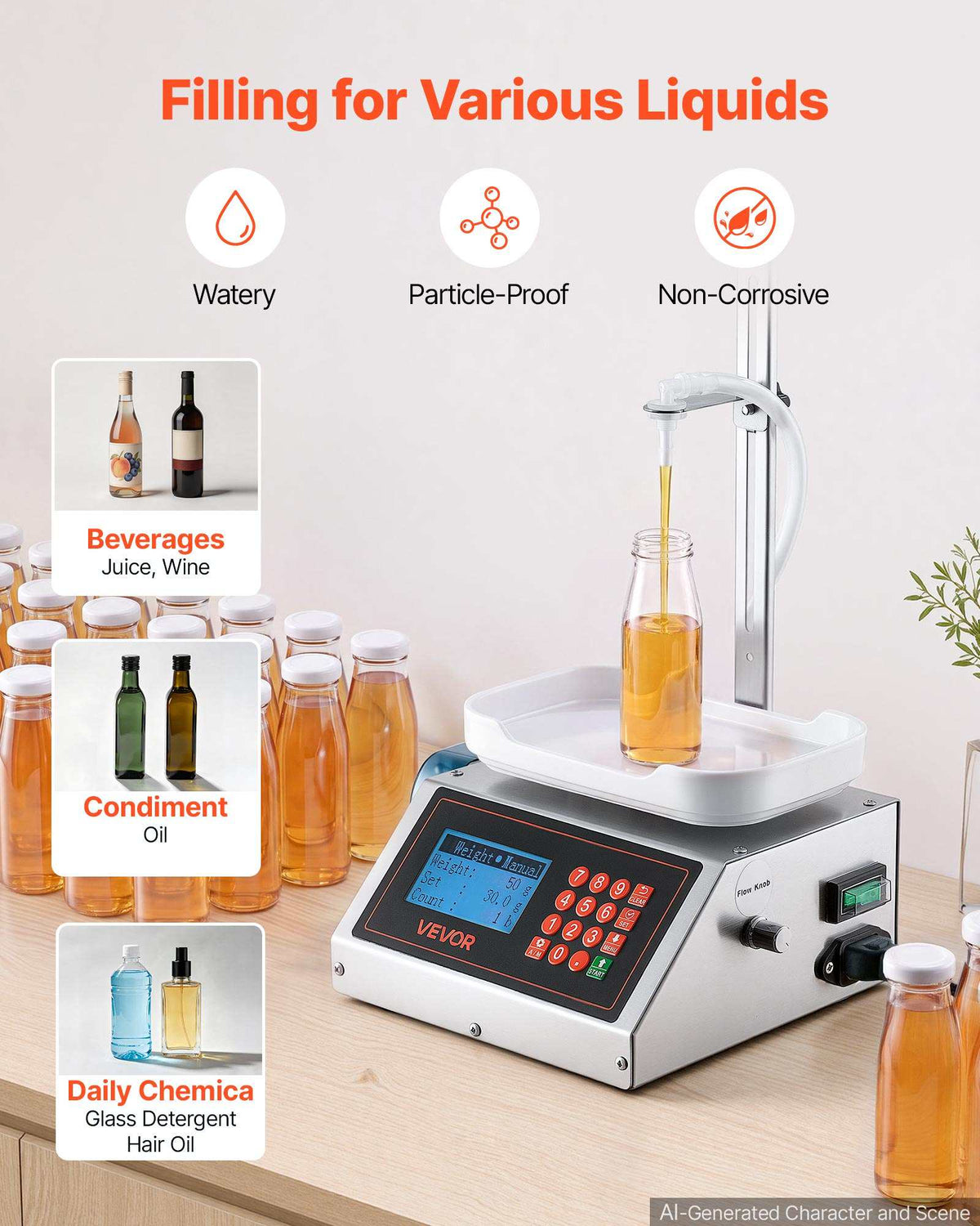 Liquid Filling Machine, 2-300 g Recommend Automatic Bottle Filler, for Water, Beverages, Oils, Digital Weighing, Adjustable Stand, Stainless Steel Body, 6 Memory Presets, Anti-Drip Nozzle