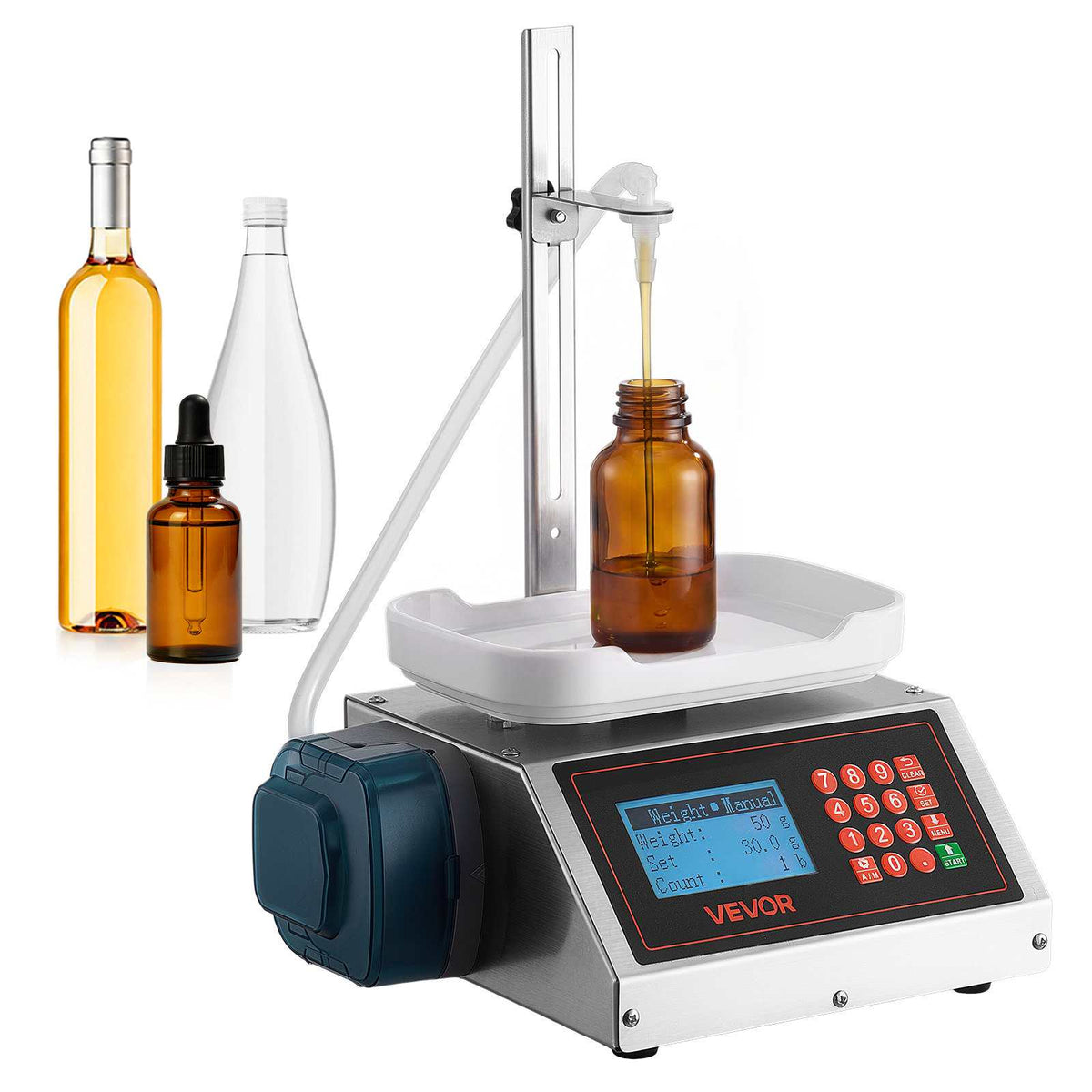 Liquid Filling Machine, 2-300 g Recommend Automatic Bottle Filler, for Water, Beverages, Oils, Digital Weighing, Adjustable Stand, Stainless Steel Body, 6 Memory Presets, Anti-Drip Nozzle