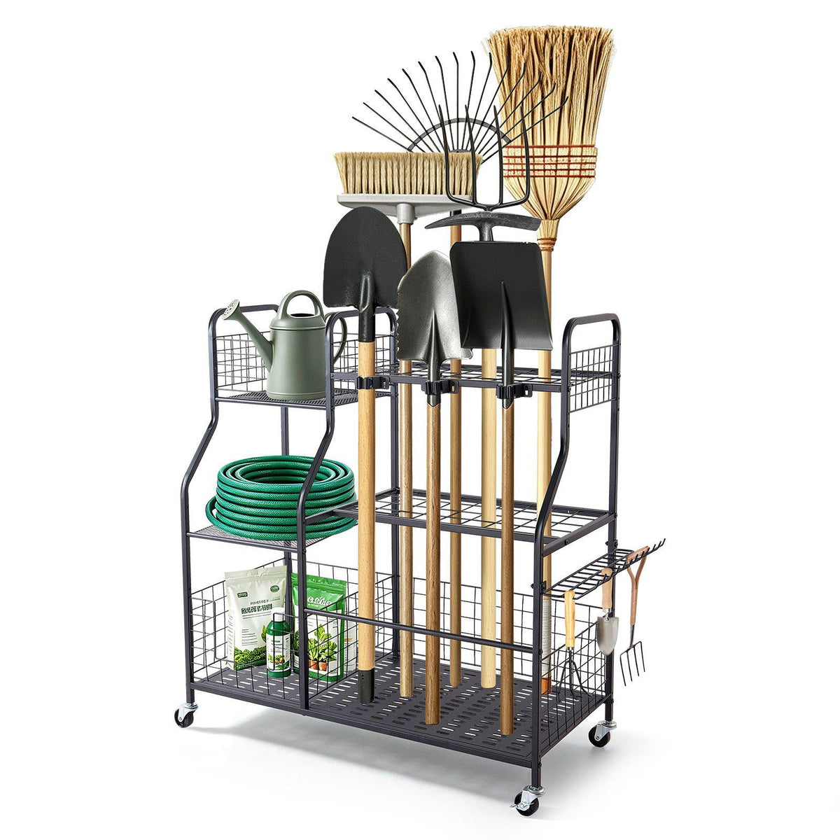 Garden Tool Organizer with Wheels, Large Metal Garage Storage Rack, for Rakes/Shovels/Brooms, Yard Utility Tool Holder for Shed/Outdoor/Lawn Organization, Heavy-Duty Steel, with Hooks, Black