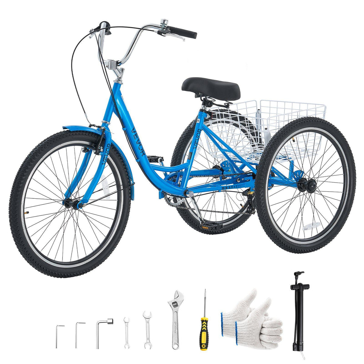 Adult Tricycle 24 inch 7 Speed Trikes for Adult 3 Wheel Cruiser Bike, w/ Cargo Basket, Adjustable Seat, and Double-Wall Wheel Rims, Carbon Steel Shopping Tricycles for Women, Men, Senior (Blue)