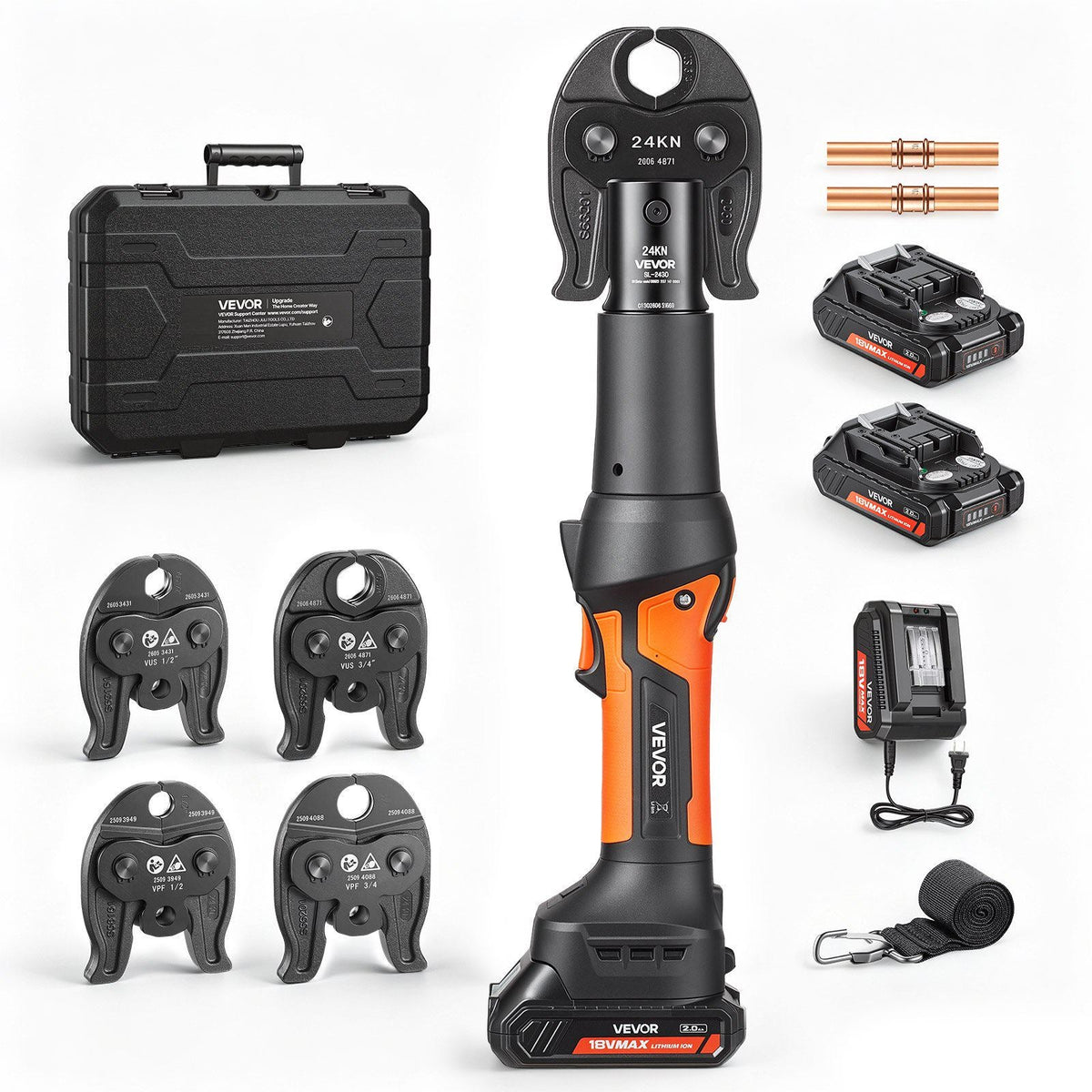 18V Press Tool with 4 Jaws for 1/2" 3/4" VUS Copper & VPF PEX Pipes, 24KN Compact Pipe Crimping Tool Kit, Compatible with ProPress & PureFlow  - with 2pcs 2AH Battery, Fast Charger & Toolbox