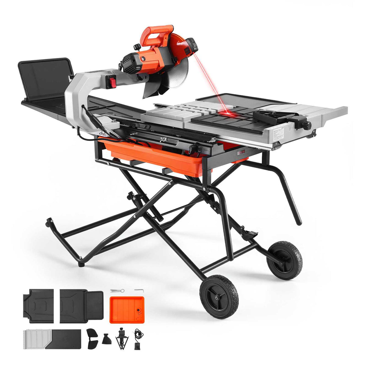 Wet Tile Saw with Stand 10 Inch 65Mn Steel Blade Tile Cutter Wet Saw, for Cutting Tiles and Stones, 0-45° Adjustable Bevel Cut, 15-Amp, 4500 RPM Copper Motor, with Water Reservoir and Casters