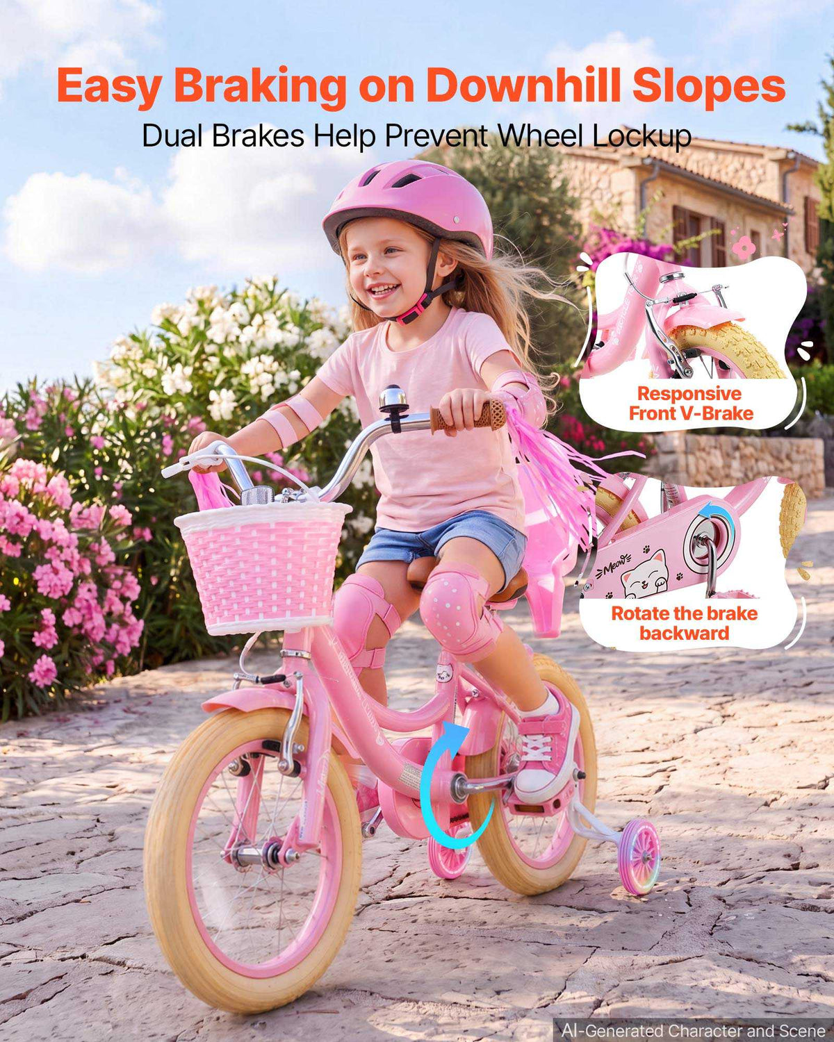 Kids Bike, 14 Inch Children Bicycle, Training Wheels Princess Pink, for Girls Ages 3-5, Adjustable Seat, Front Brake and Rear Coaster Brake, Front Basket, Doll Seat, High-Carbon Steel Frame
