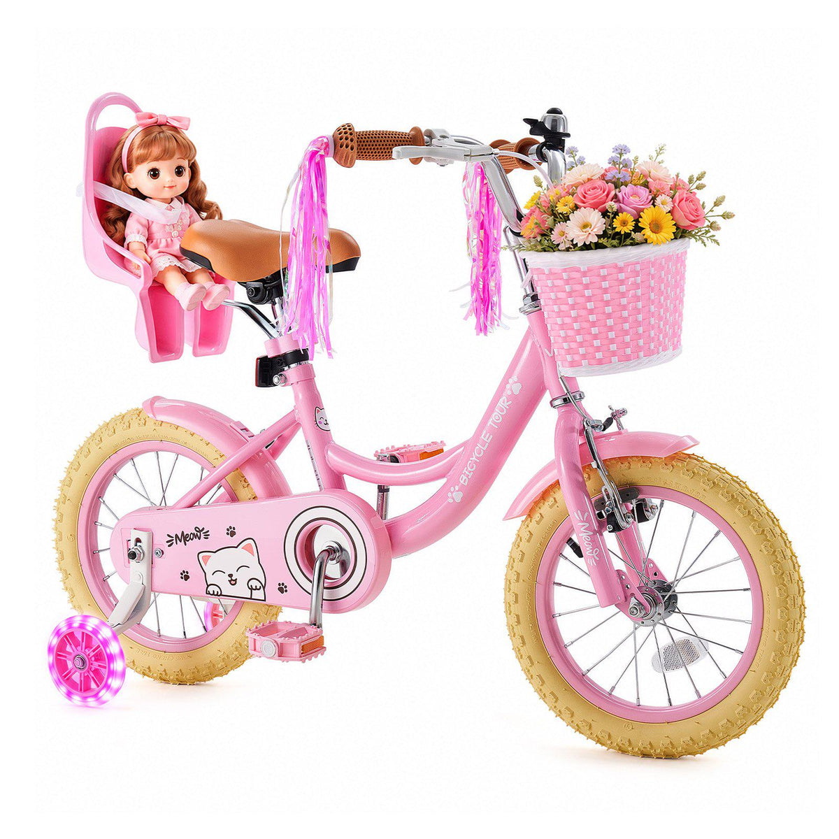 Kids Bike, 14 Inch Children Bicycle, Training Wheels Princess Pink, for Girls Ages 3-5, Adjustable Seat, Front Brake and Rear Coaster Brake, Front Basket, Doll Seat, High-Carbon Steel Frame