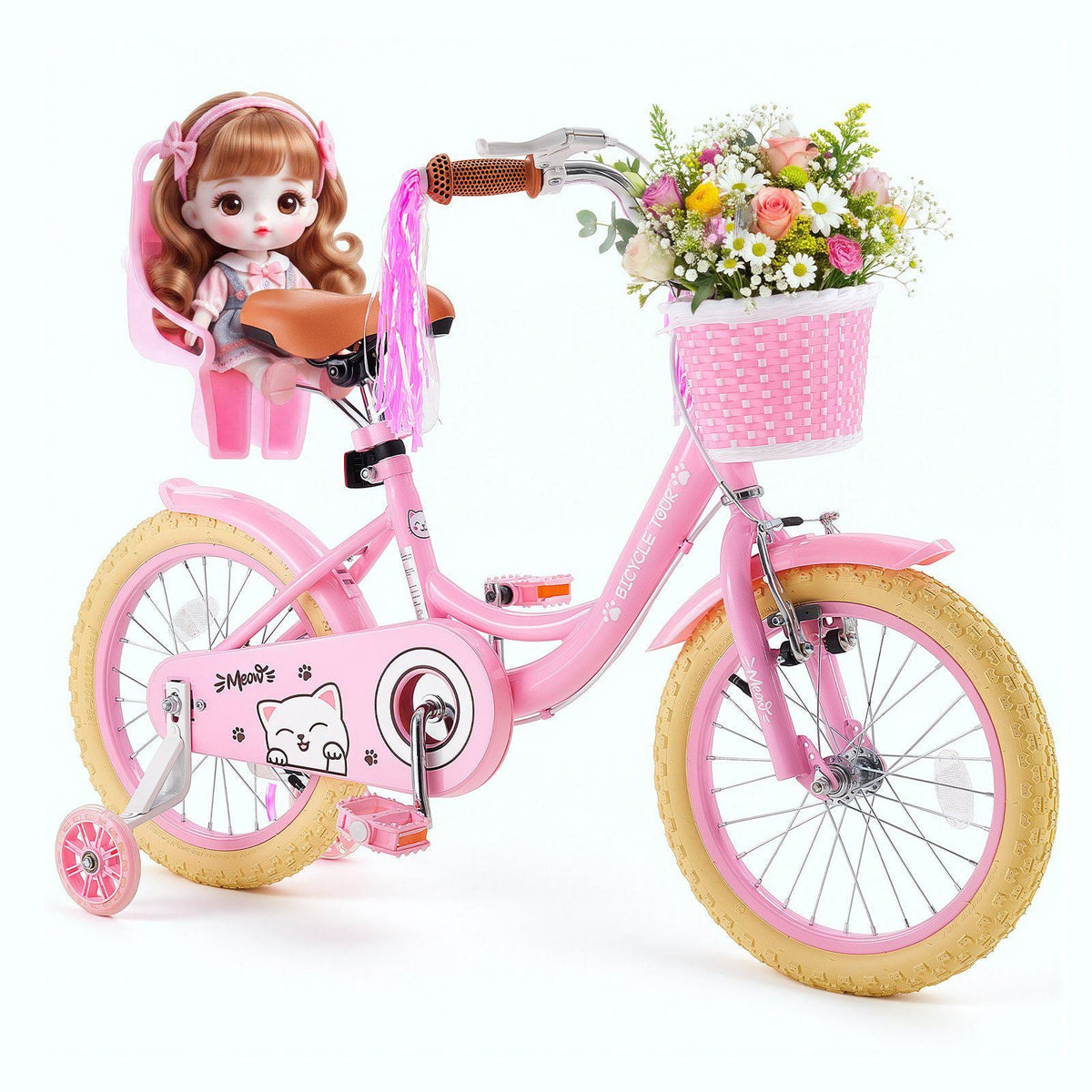 Kids Bike, 16 Inch Children Bicycle, Training Wheels Princess Pink, for Girls Ages 4-7, Adjustable Seat, Front Brake and Rear Drum Brake, Front Basket, Doll Seat, High-Carbon Steel Frame