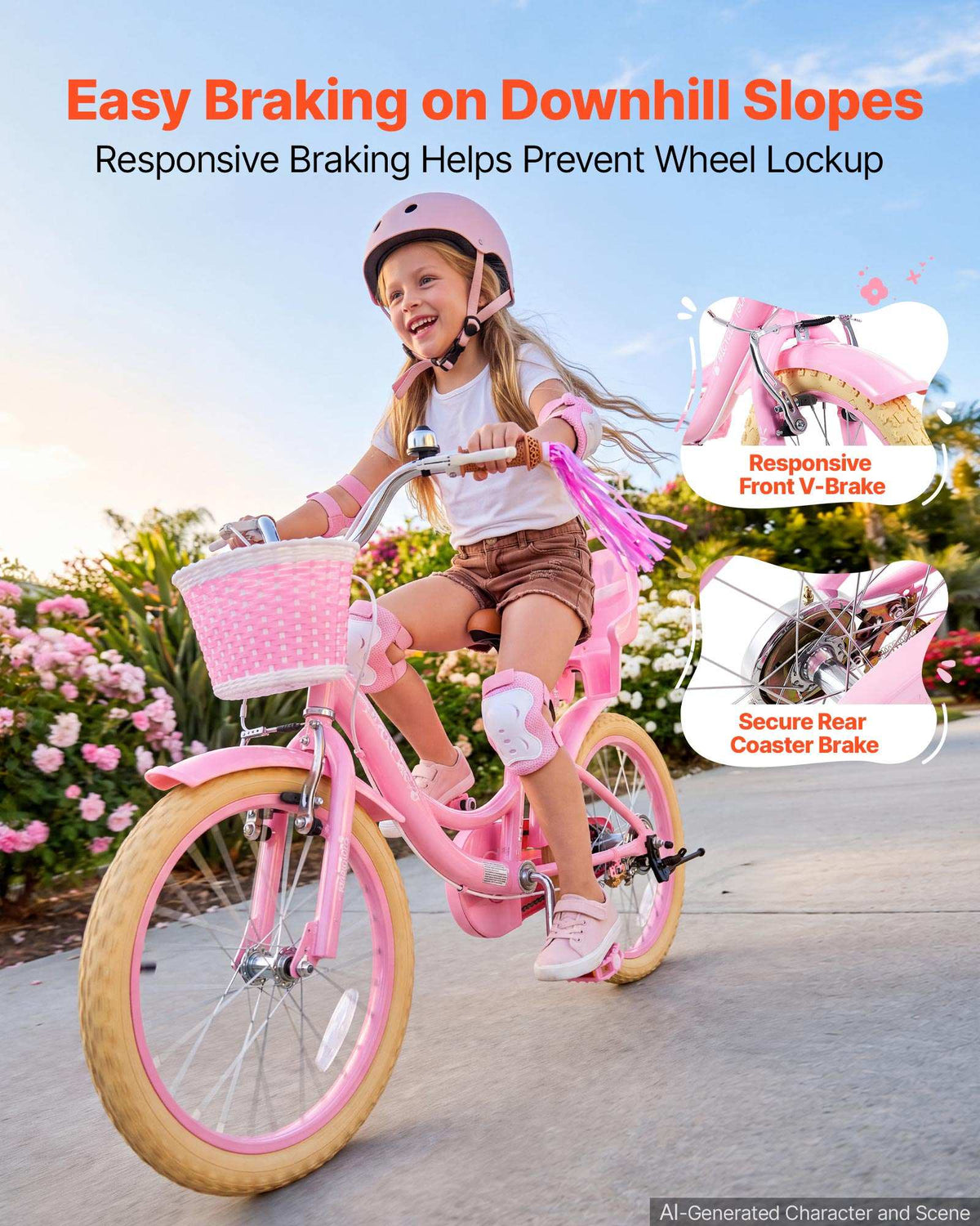 Kids Bike, 18 Inch Children Bicycle, Kickstand Princess Style Pink, for Girls Ages 5-8, Adjustable Seat, Front Brake and Rear Drum Brake, Front Basket, Doll Seat, High-Carbon Steel Frame