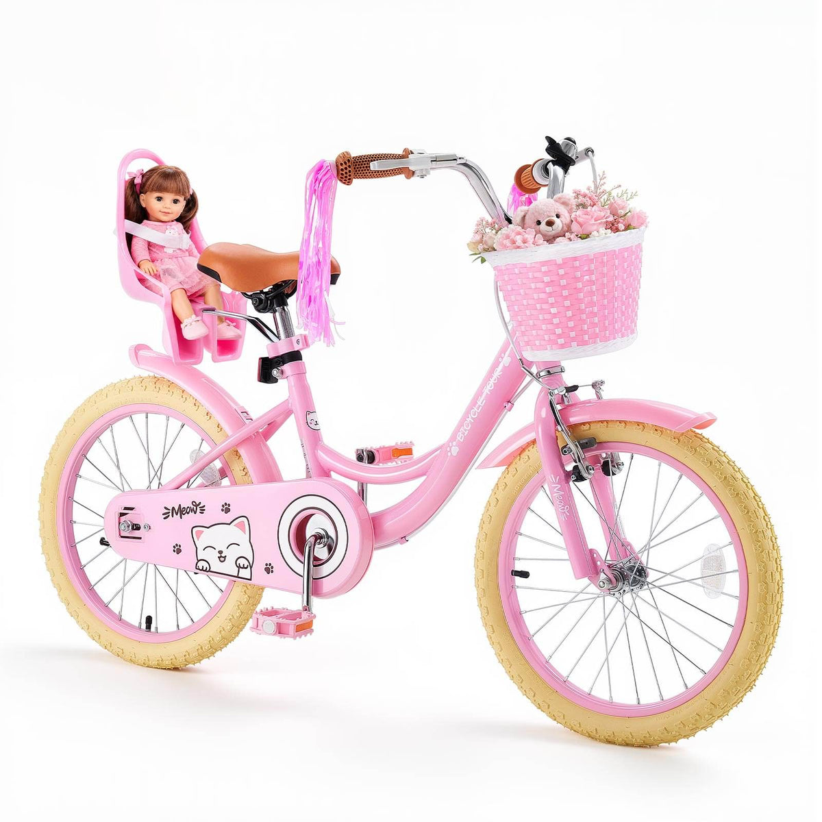 Kids Bike, 18 Inch Children Bicycle, Kickstand Princess Style Pink, for Girls Ages 5-8, Adjustable Seat, Front Brake and Rear Drum Brake, Front Basket, Doll Seat, High-Carbon Steel Frame