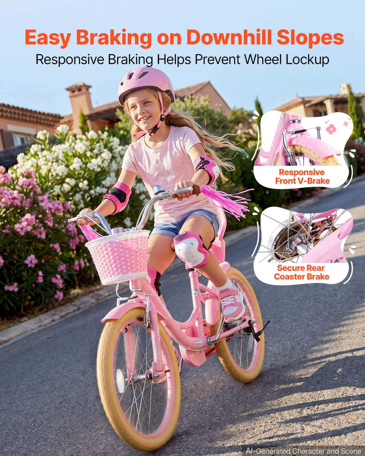 Kids Bike, 20 in Children Bicycle, Kickstand Princess Style Pink, for Girls Ages 7-13, Adjustable Seat, Front Brake and Rear Drum Brake, Front Basket, Doll Seat, High-Carbon Steel Frame