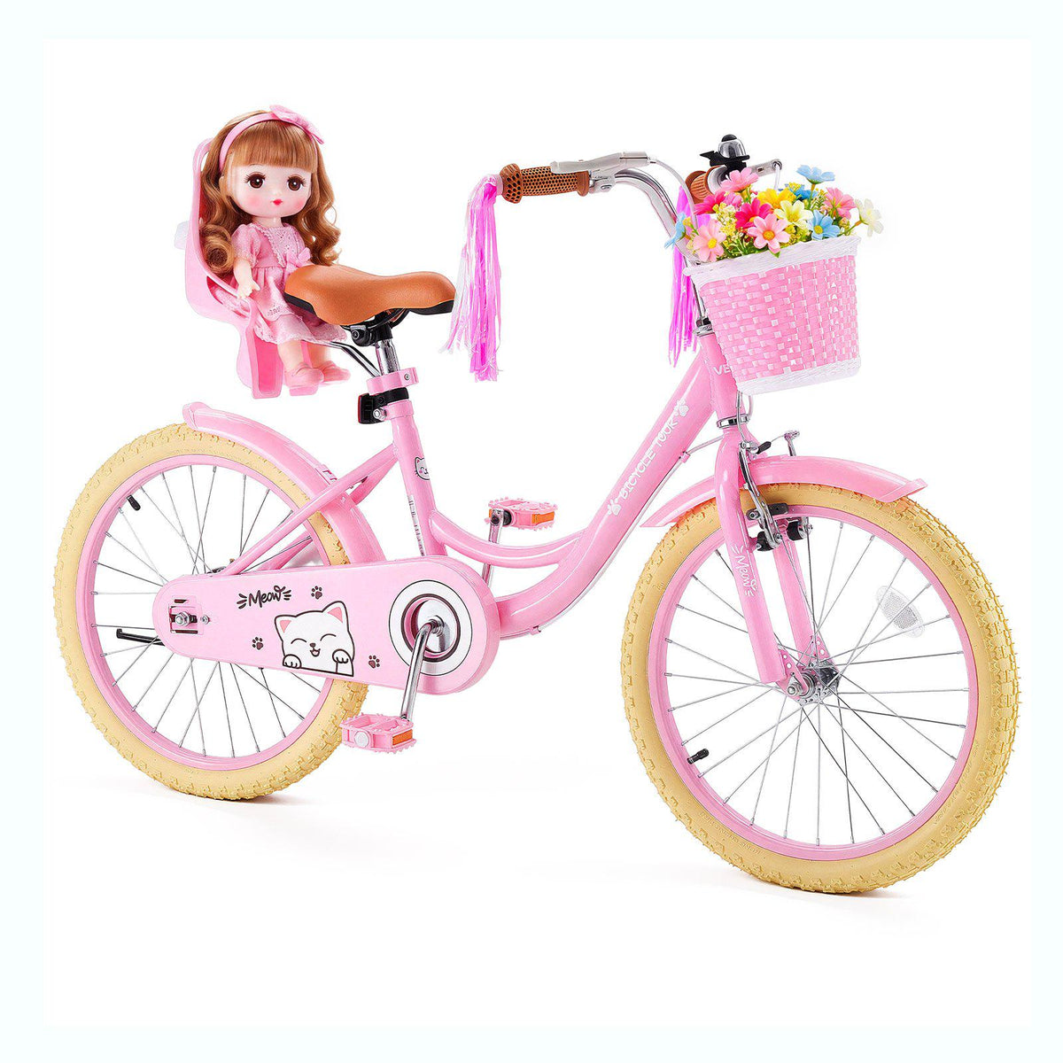 Kids Bike, 20 in Children Bicycle, Kickstand Princess Style Pink, for Girls Ages 7-13, Adjustable Seat, Front Brake and Rear Drum Brake, Front Basket, Doll Seat, High-Carbon Steel Frame