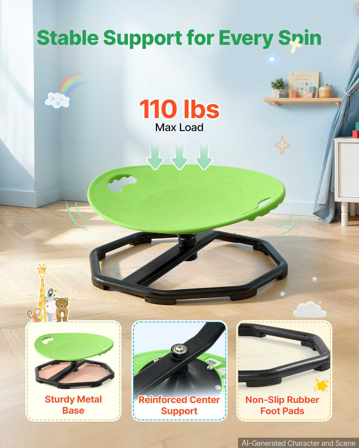 Sensory Spinning Chair for Children Sensory Development Chair 110 LBS, Sensory Swivel Seat Products for Children, Training Body Coordination Balance, 16.9" L x 14" W, Rounded Shape, Green