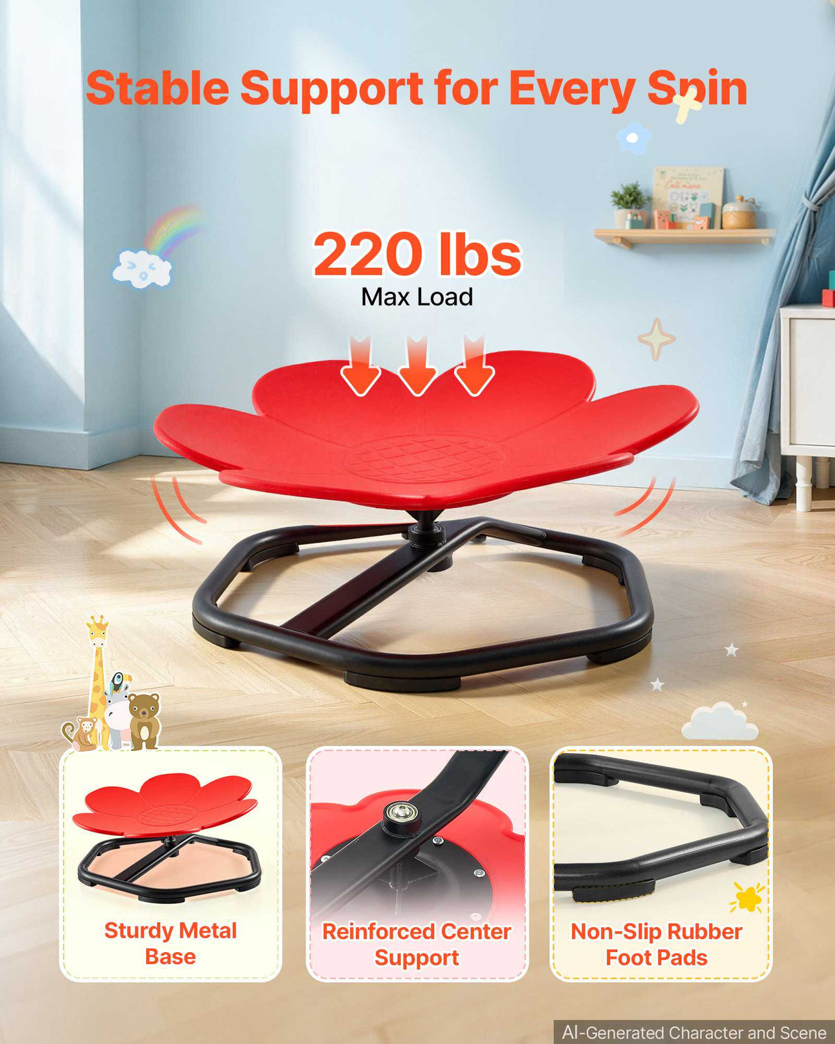 Sensory Spinning Chair for Children Sensory Development Chair 220 LBS, Sensory Swivel Seat Products for Children, Training Body Coordination Balance, 20.7" L x 20.7" W, Flower Shape, Red