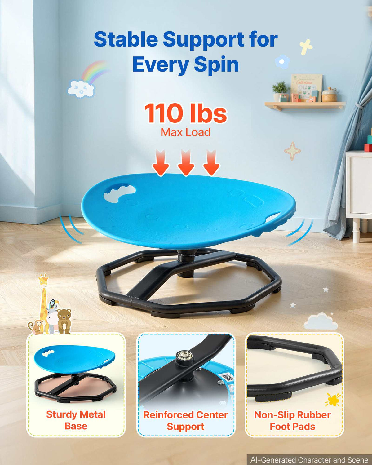 Sensory Spinning Chair for Children Sensory Development Chair 110 LBS, Sensory Swivel Seat Products for Children, Training Body Coordination Balance, 16.9" L x 14" W, Rounded Shape, Blue