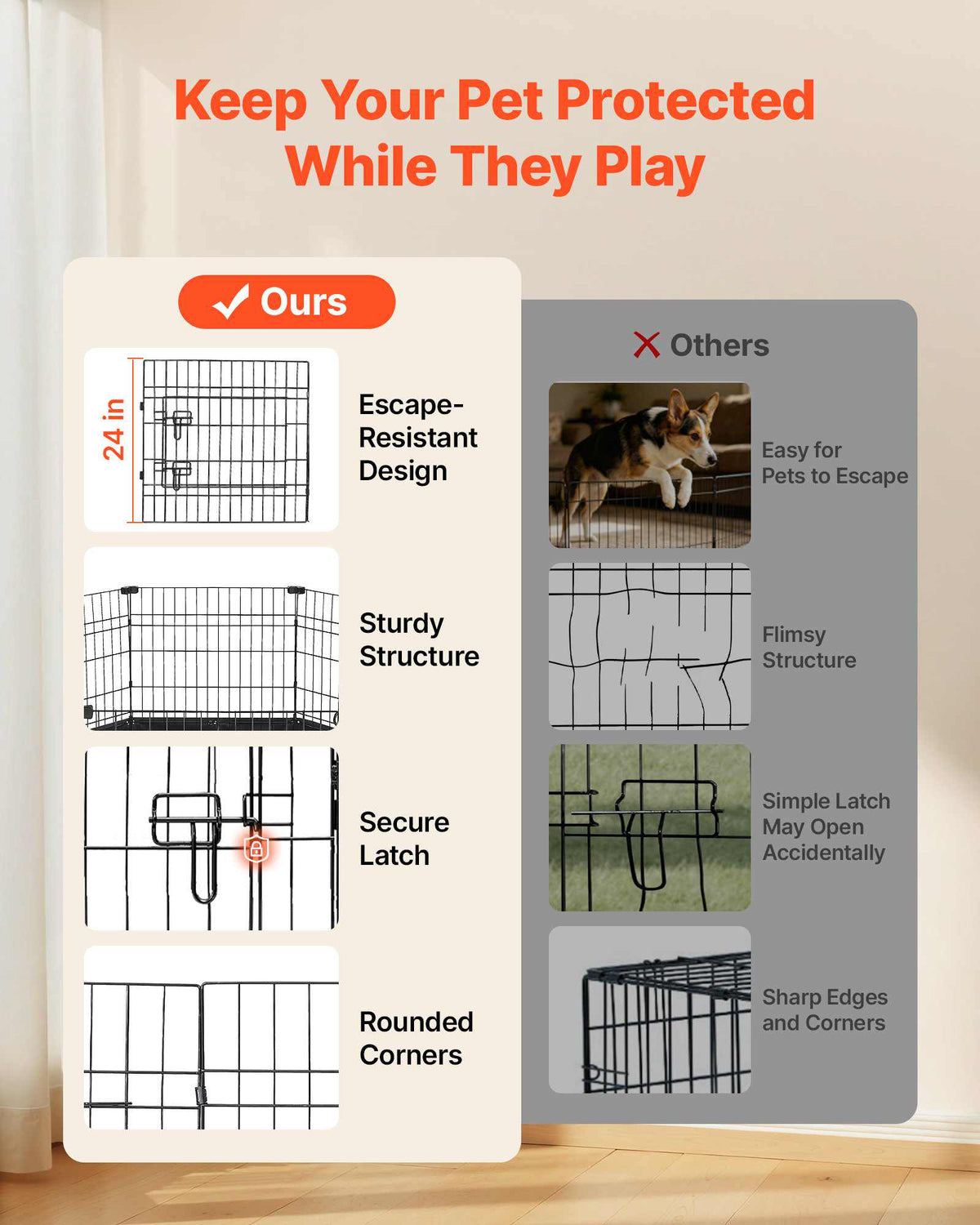 Dog Playpen 24 Inch 8 Panels Heavy Duty Exercise Pen with Bottom Pad, Indoor Foldable Metal Pet Fence with Door, Puppy Crate Kennel, Pet Playpen for Dogs, Cats, and Other Small Animals, Black