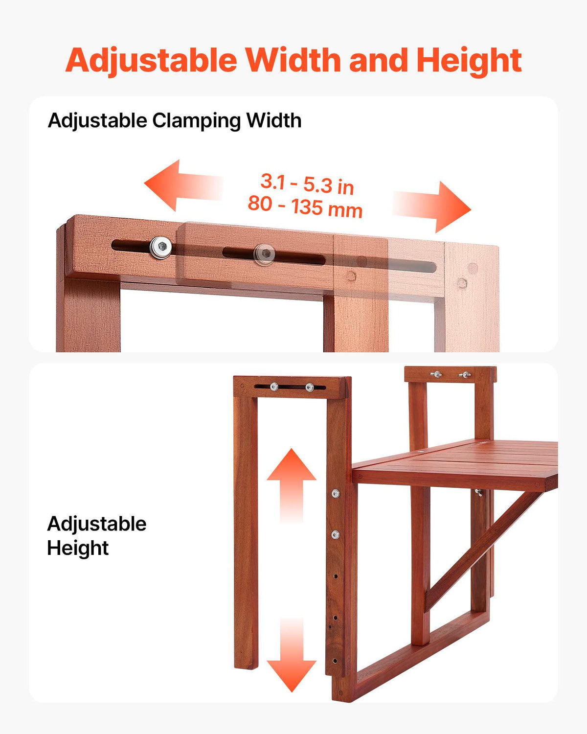 Balcony Hanging Table 22" x 11" 60 lbs Folding Railing Bar Table, for Outdoor Patio Garden Deck, Fits 3.1"-5.3" Rails, 4-Level Adjustable Height, Durable Acacia Wood Material, Space-Saving