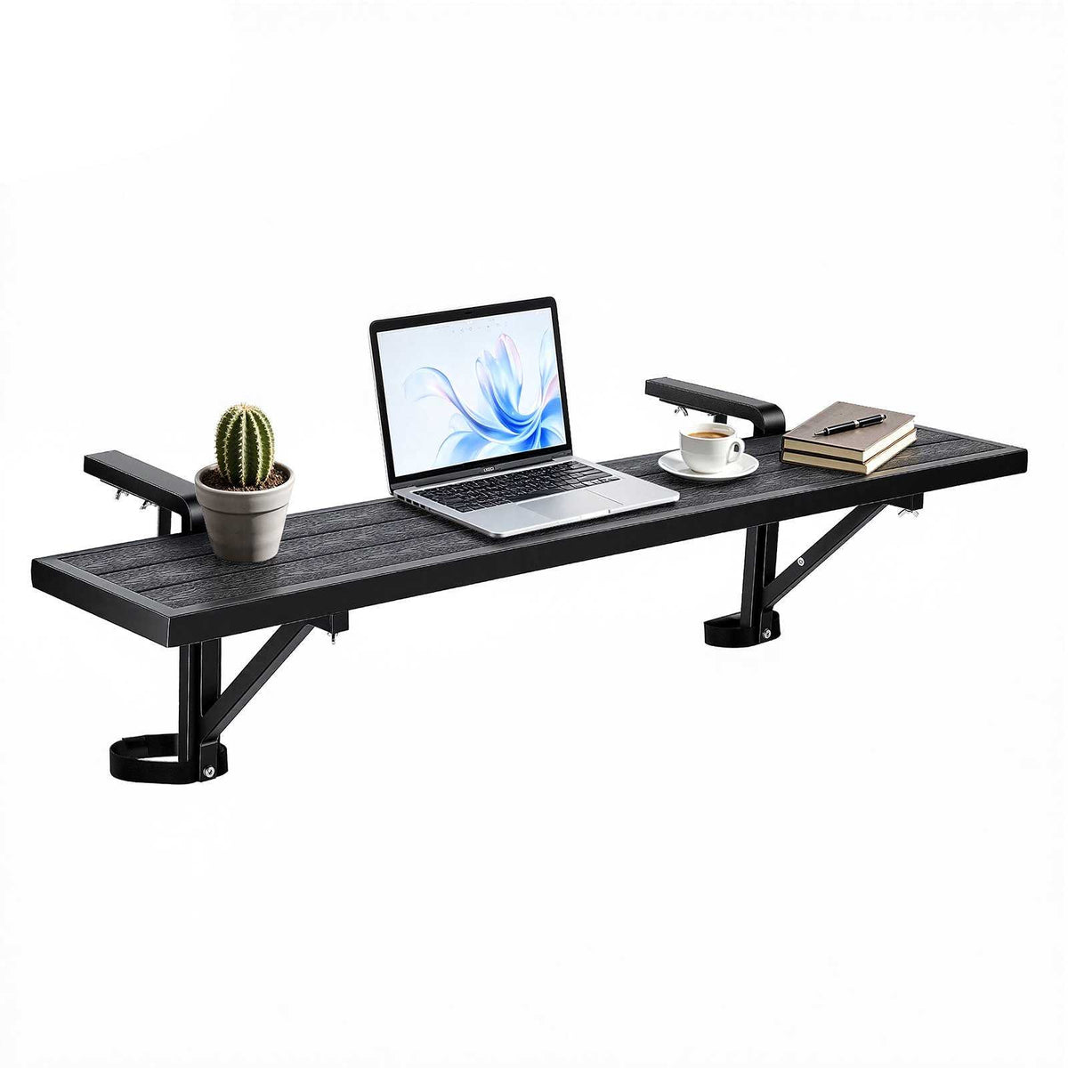 Balcony Hanging Table 49" x 9.4" 60 lbs Balcony Railing Bar Table, for Outdoor Patio Garden Deck Use, Fits 1"-2.6" Rails, Adjustable Bracket Spacing, Durable Wood-Plastic Composite Material