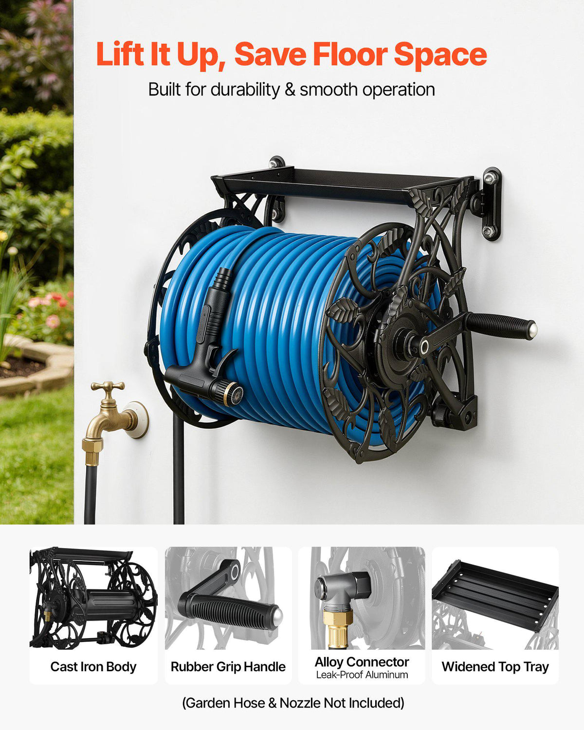 Wall Mounted Garden Hose Reel, Holds 135 Feet of 5/8-inch Hose, Outdoor Heavy-Duty Waterhose Holder Winder, with Widened Top Tray, Aluminum Alloy Connector, Decorative Pattern, for Backyards