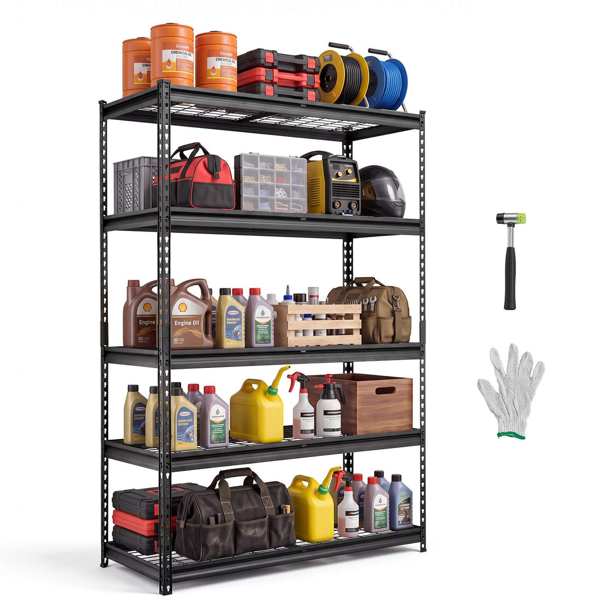 Storage Shelves, 5-Tier 3000 lbs Garage Shelving 48 x 20 x 71.4 in, for Garage, Basement, Warehouse, Kitchen, Heavy-Duty Metal Stable Construction, Adjustable Wire Racks, with Gloves, Black