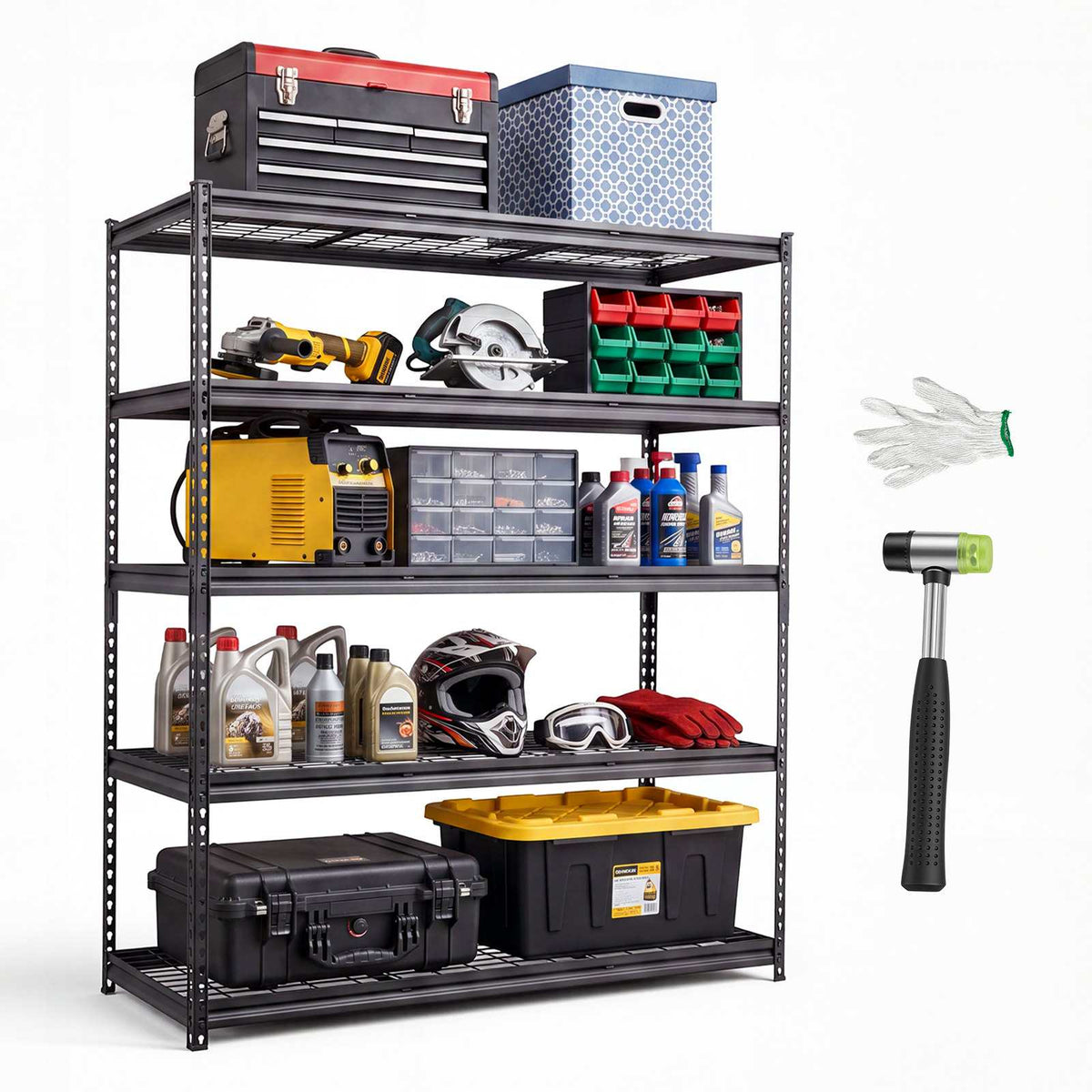 Storage Shelves, 5-Tier 3000 lbs Garage Shelving 60 x 24 x 71.4 in, for Garage, Basement, Warehouse, Workshop, Heavy-Duty Metal Stable Construction, Adjustable Wire Racks, with Gloves, Black
