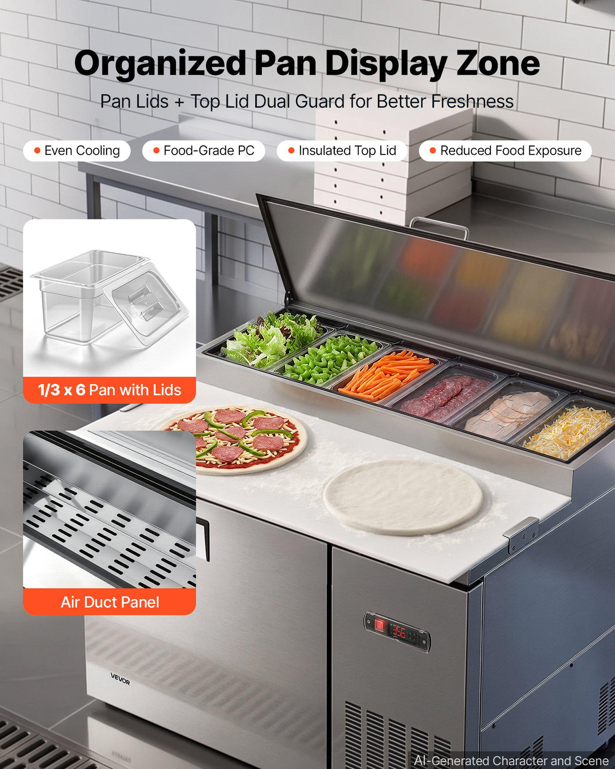 44"W Commercial Refrigerator 10.8 Cu. Ft Pizza Prep Table Fridge, 19" Ultra Wide Cutting Board Salad Refrigerated Worktop, Mega Top Stainless Steel Food Prep Cooler, 6 x 1/3 Pans with Lids