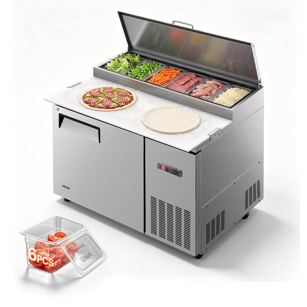 44"W Commercial Refrigerator 10.8 Cu. Ft Pizza Prep Table Fridge, 19" Ultra Wide Cutting Board Salad Refrigerated Worktop, Mega Top Stainless Steel Food Prep Cooler, 6 x 1/3 Pans with Lids