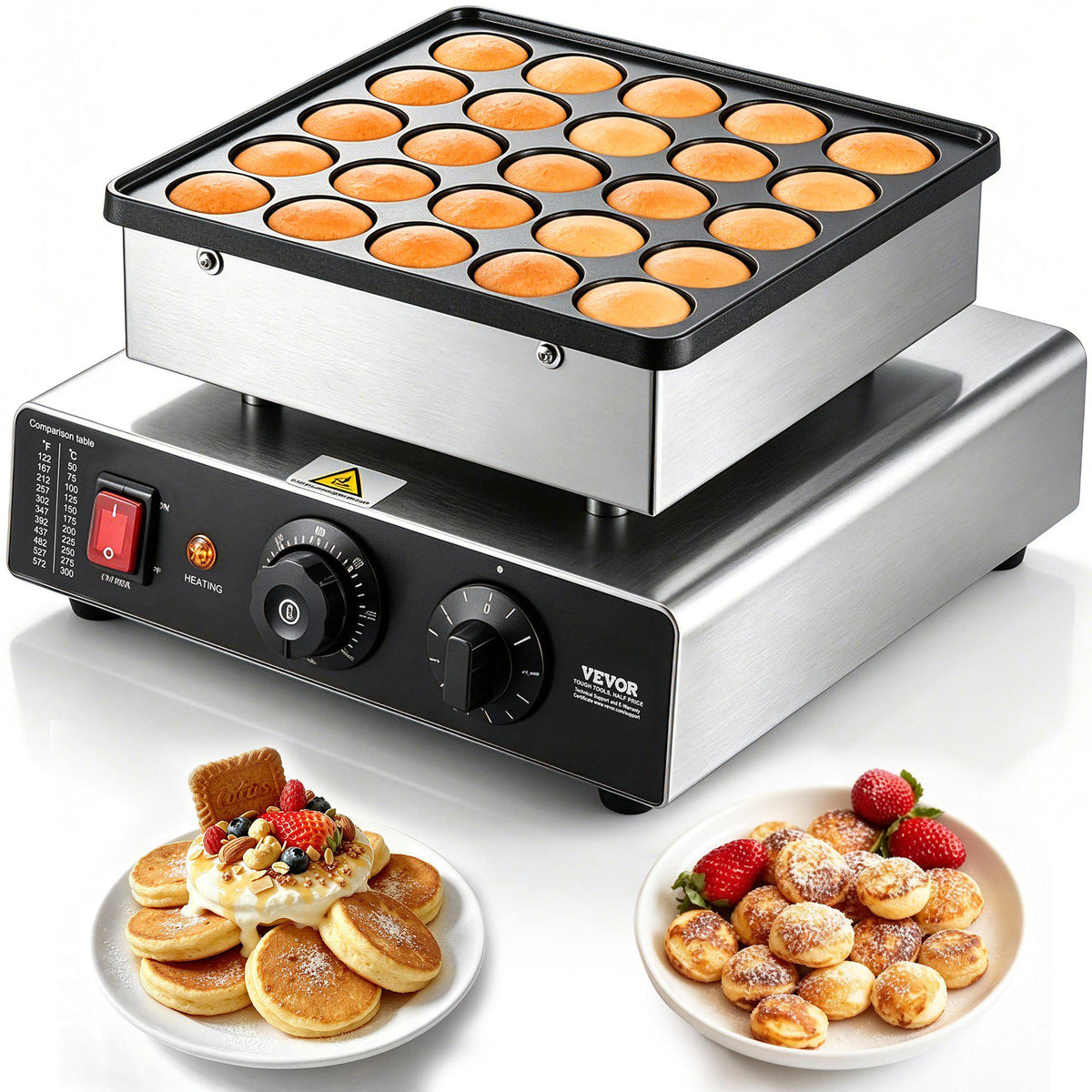 Mini Pancake Maker, 25PCS 43mm Diameter Dutch Muffin Waffle Baker, Non-stick Stainless Steel Poffertjes Grill, Commercial Electric Dorayaki Machine, Temp & Time Control, Home Kitchen Restaurant