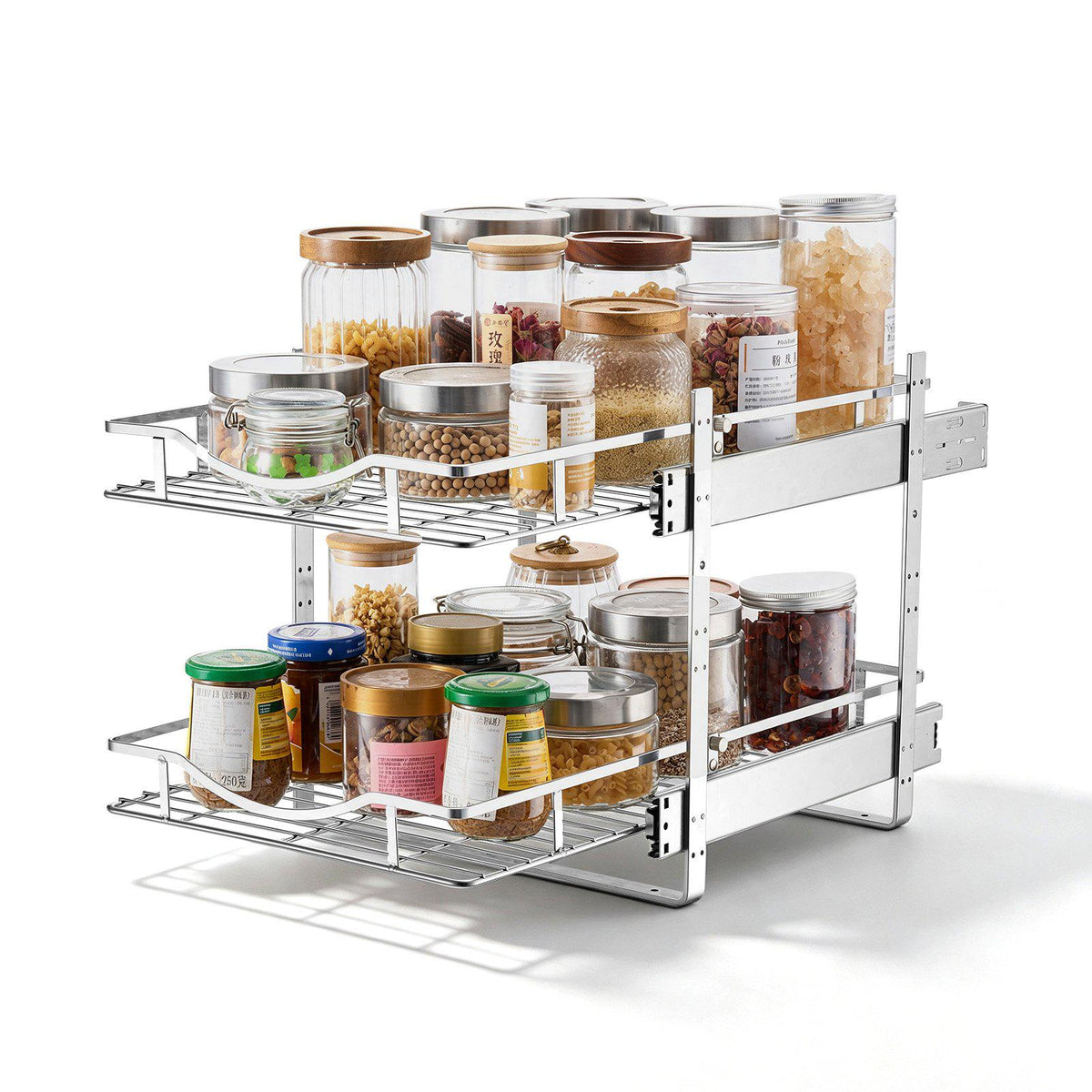 2 Tier Pull Out Cabinet Organizer 14.17"W x 21.06"D Slide Out Drawers, for Kitchen Bathroom Pantry Organization, Chrome-Plated Finish, Heavy Duty Steel Storage Sliding Shelves for Base Cabinets