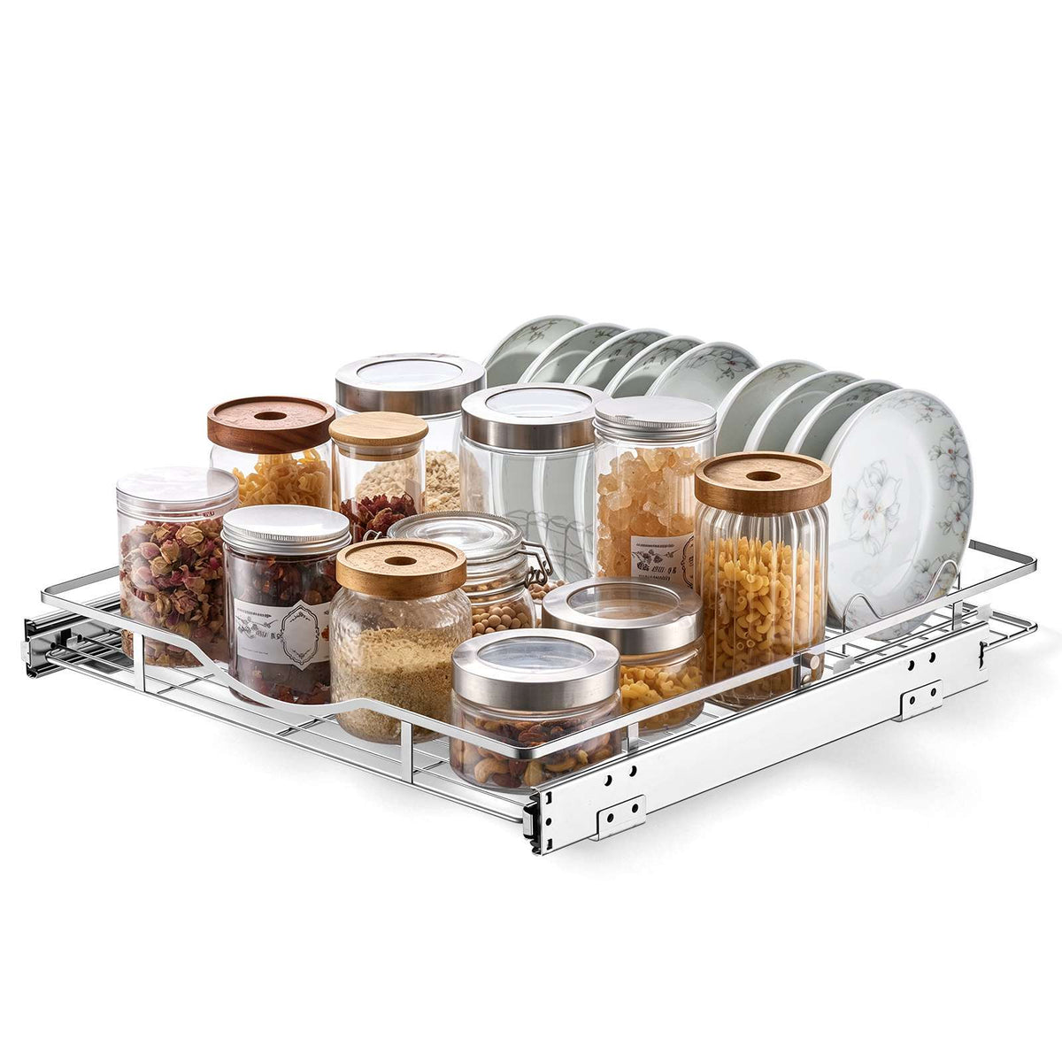 Pull Out Cabinet Organizer 19.69"W x 21.06"D Steel Slide Out Drawers, for Kitchen Bathroom Pantry Home Organization, Chrome-Plated Finish, Heavy Duty Storage Sliding Shelves for Base Cabinets