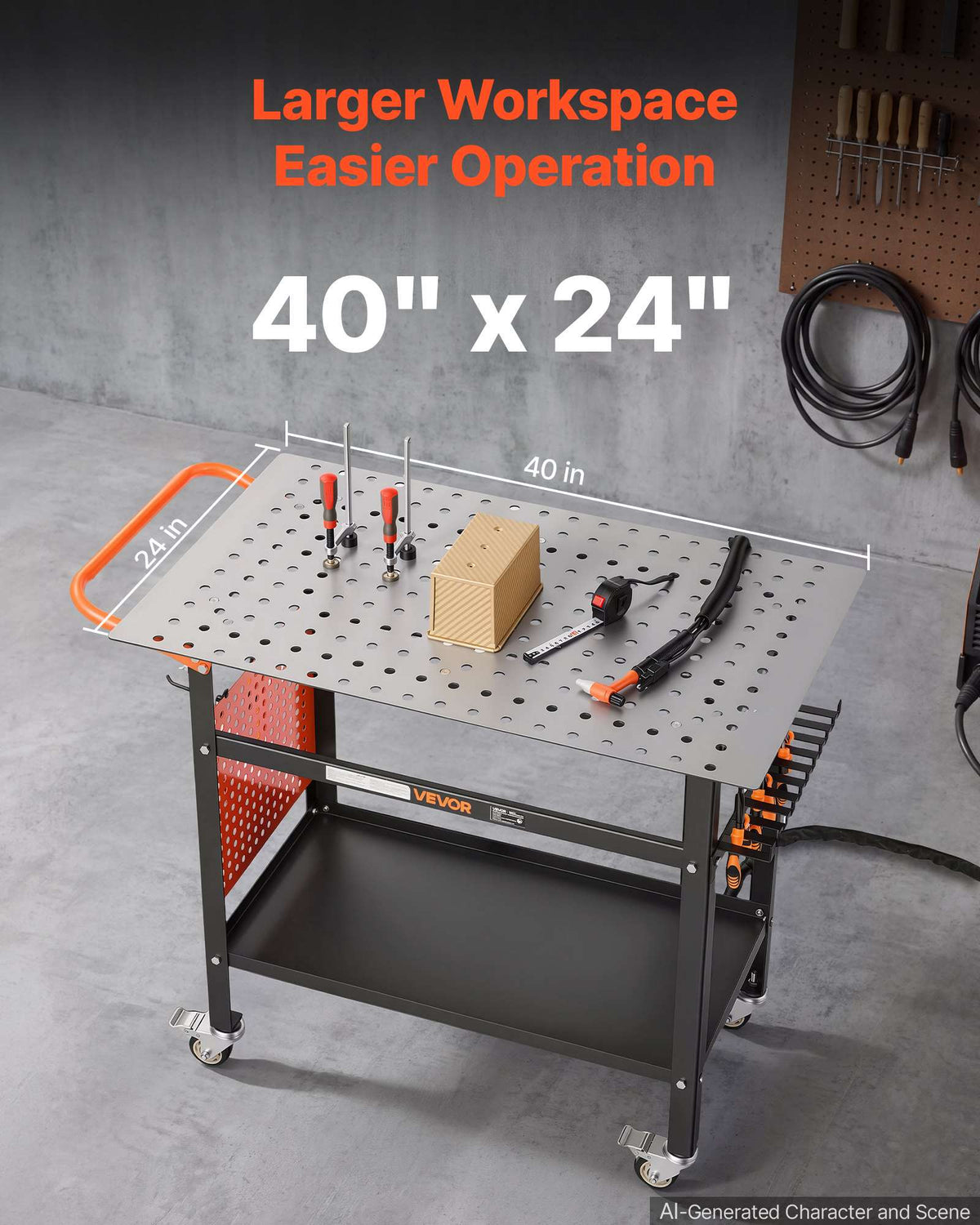 Welding Table 40" x 24" Movable Welding Workbench 800LBS Capacity, Heavy-Duty Steel Work Table Platform with 4 Lockable Casters, 0.63" Fixture Holes, Tool Tray, Pegboard & Hooks for Workshops