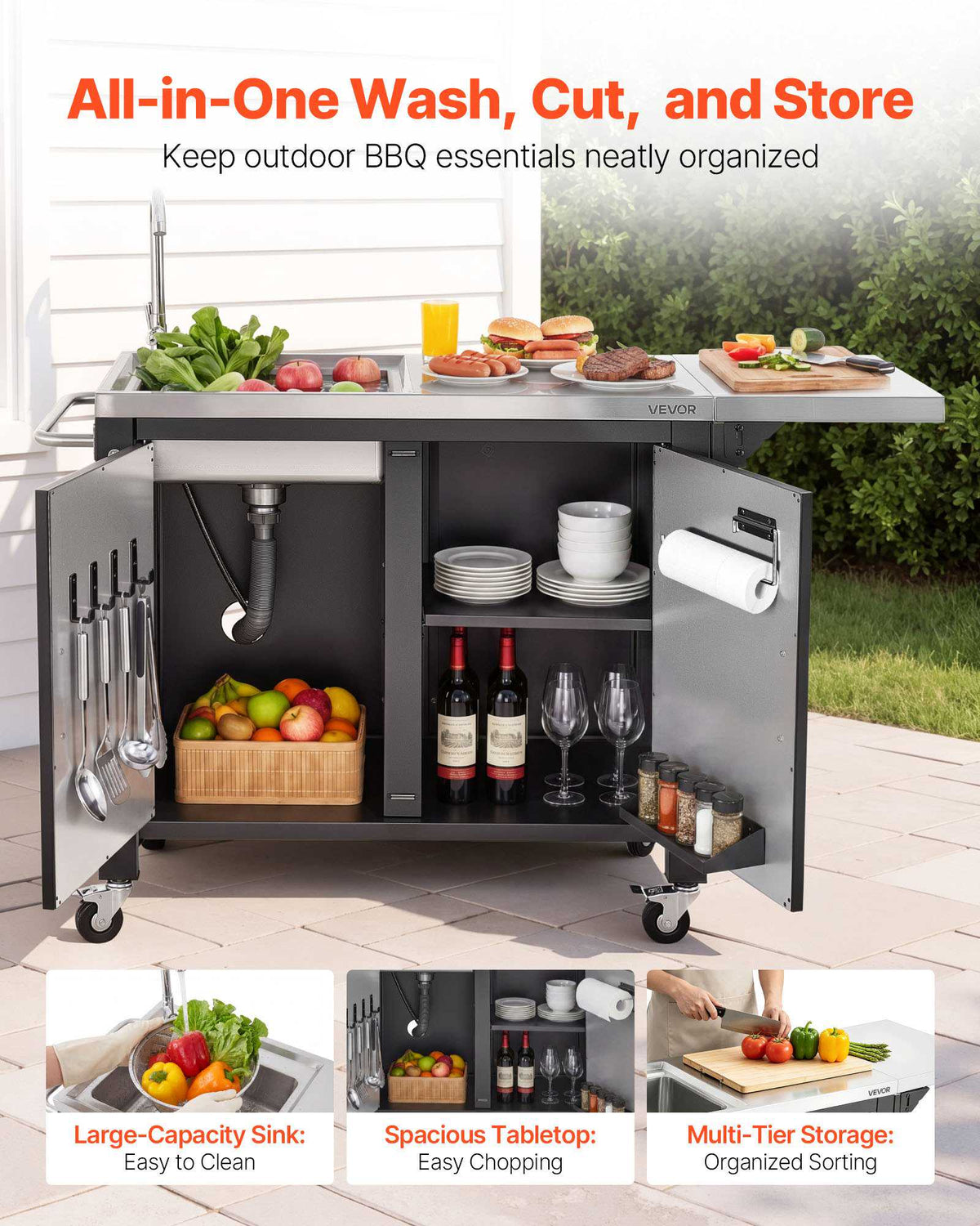 Outdoor Grill Cart with Sink and Storage Cabinet, 52 Inch Grill Table, Waterproof Kitchen Island with Stainless Steel Top, Spice Rack, Wheel, Movable Food Prep Station for Patio Bar Backyard BBQ